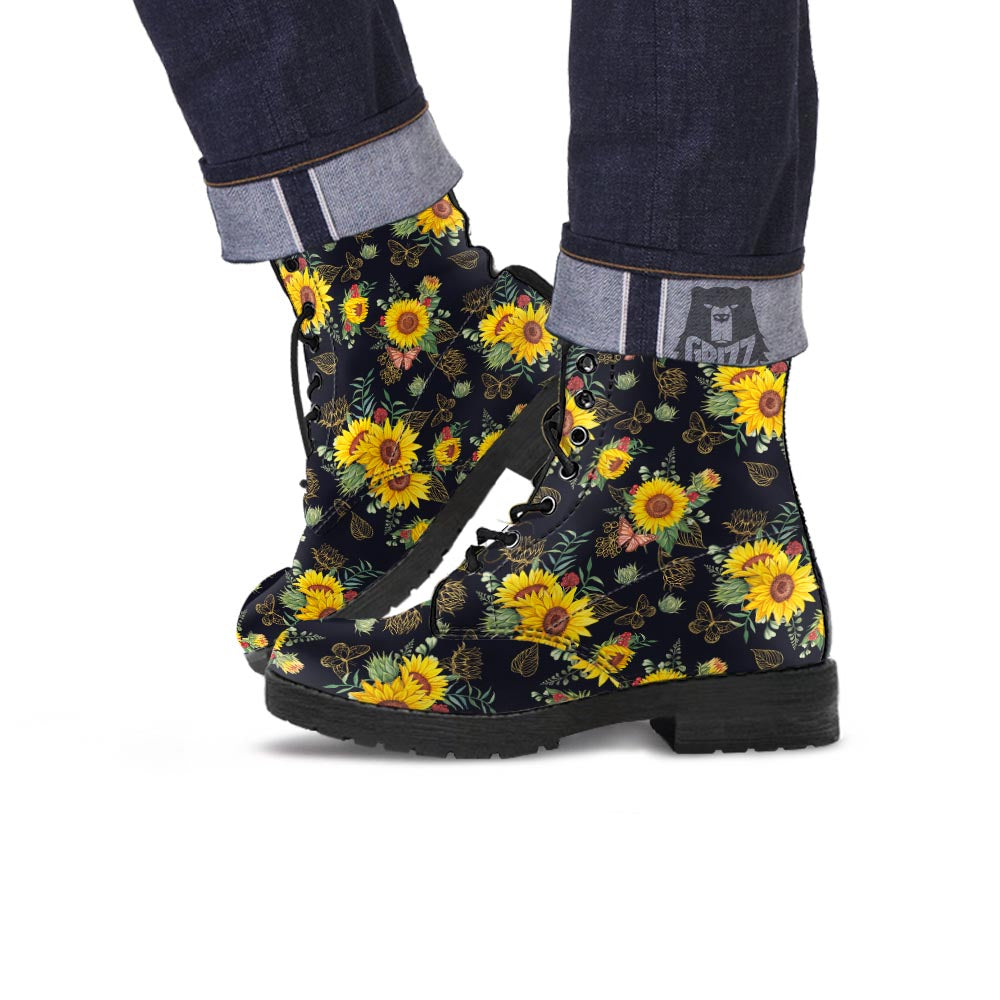 Sunflower Field Print Pattern Leather Boots-grizzshop