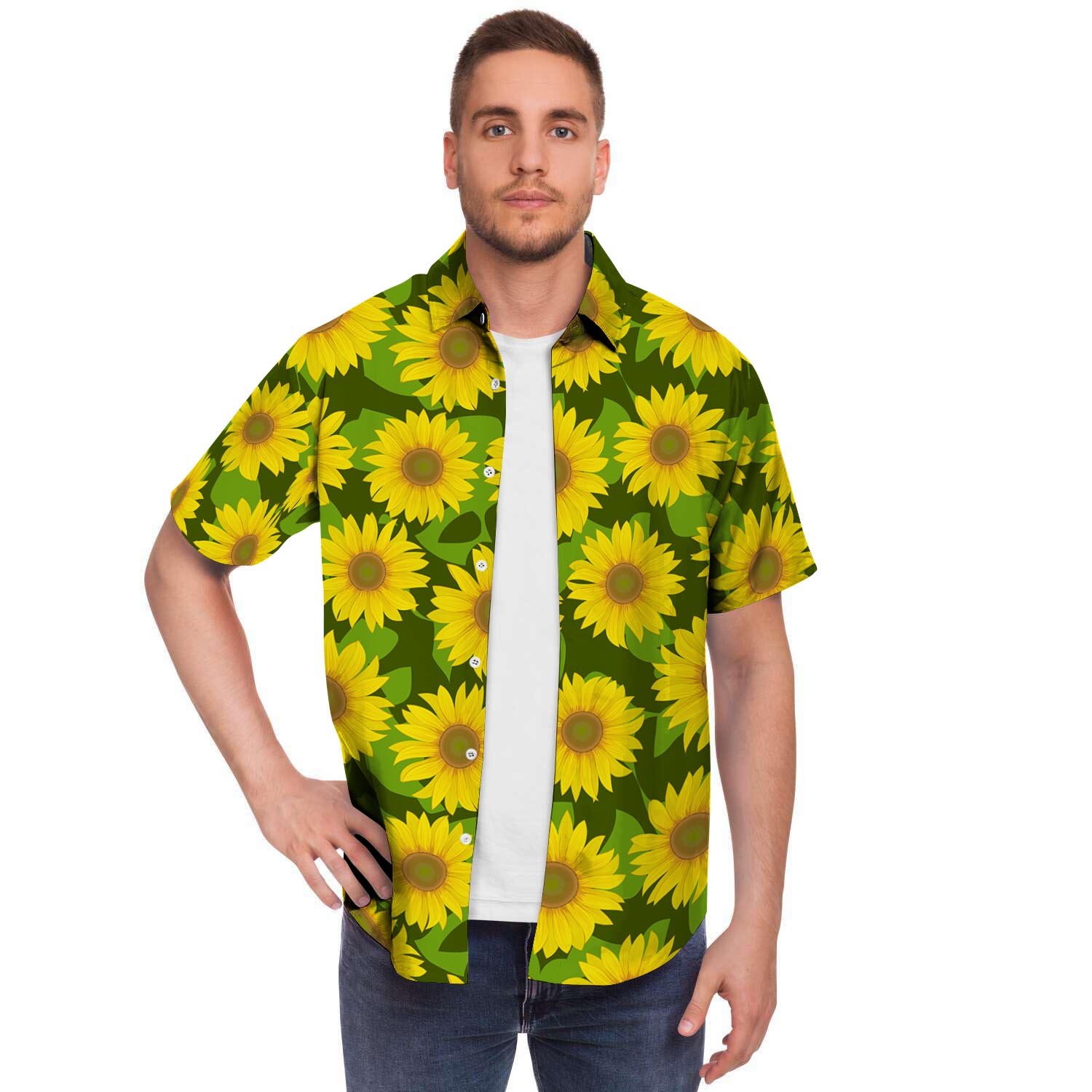Sunflower Flower Print Men's Short Sleeve Shirt-grizzshop
