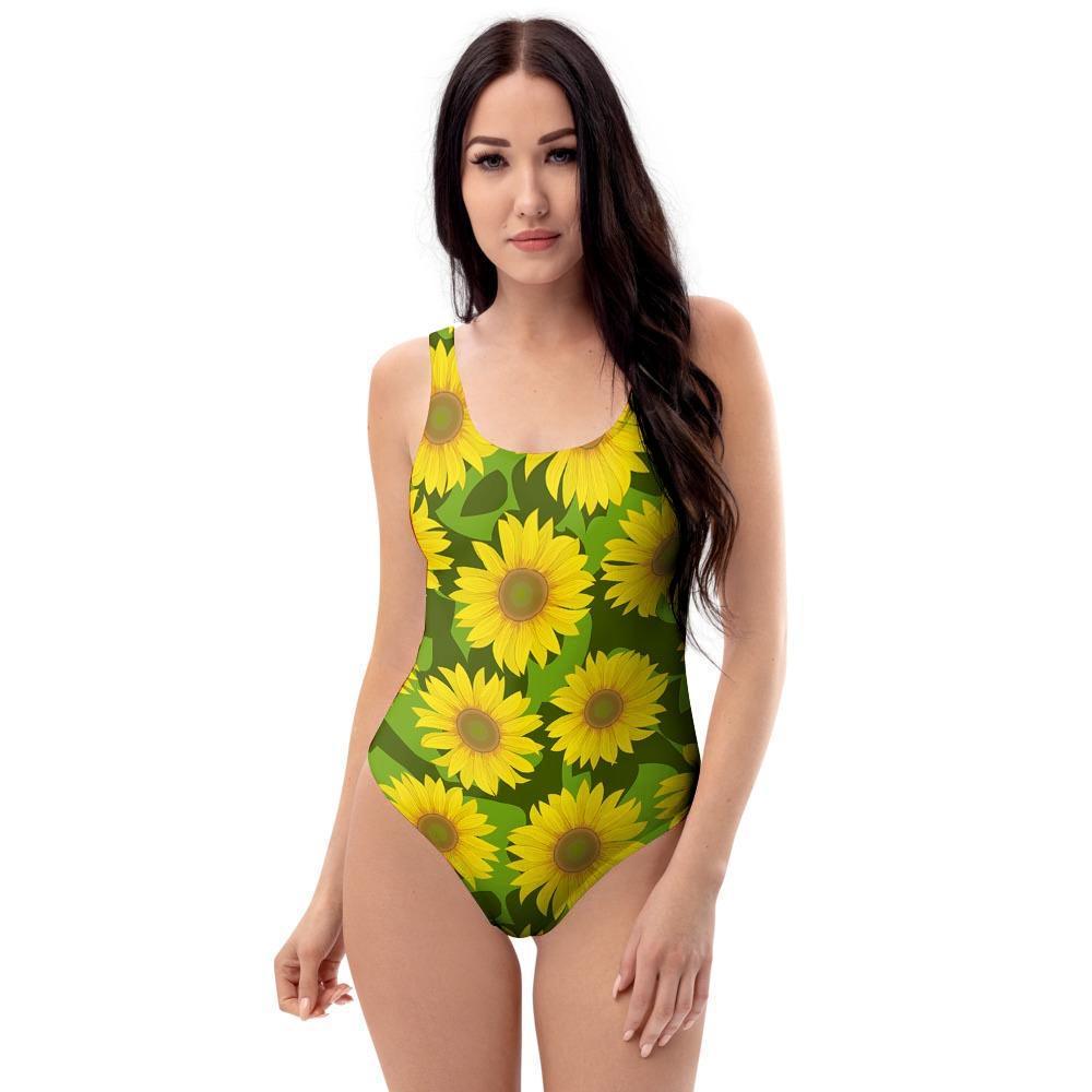 Sunflower Flower Print One Piece Swimsuite-grizzshop