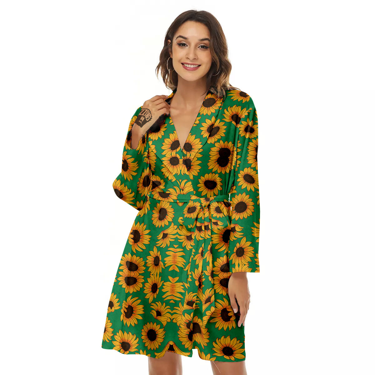 Sunflower Green Print Pattern Women's Robe-grizzshop