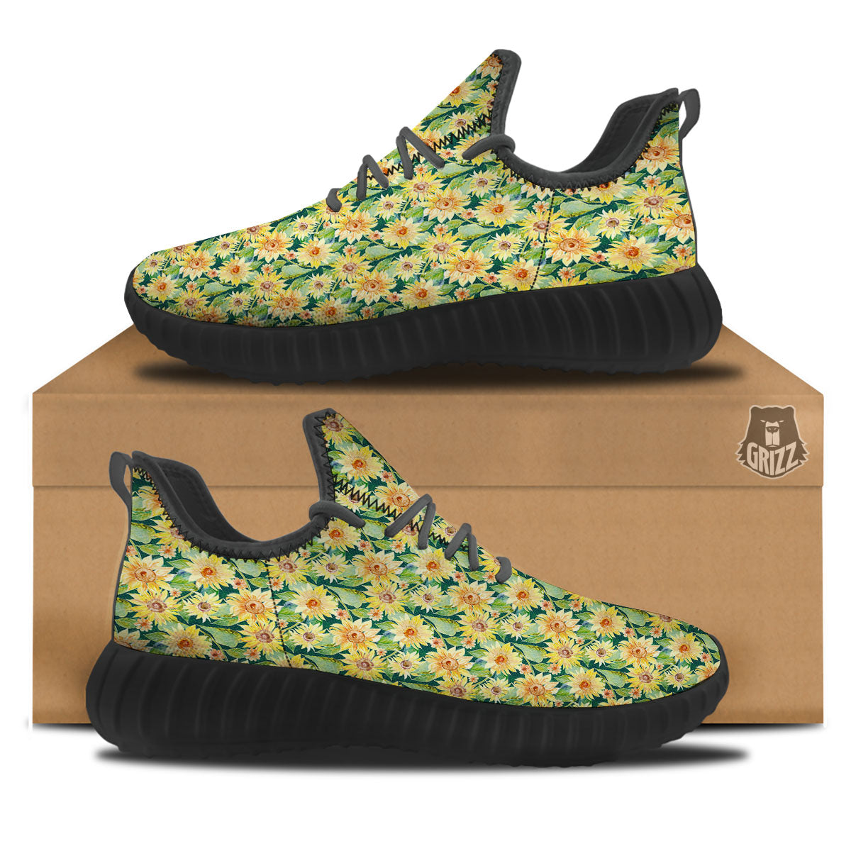 Sunflower Green Watercolor Print Pattern Black Walking Shoes-grizzshop