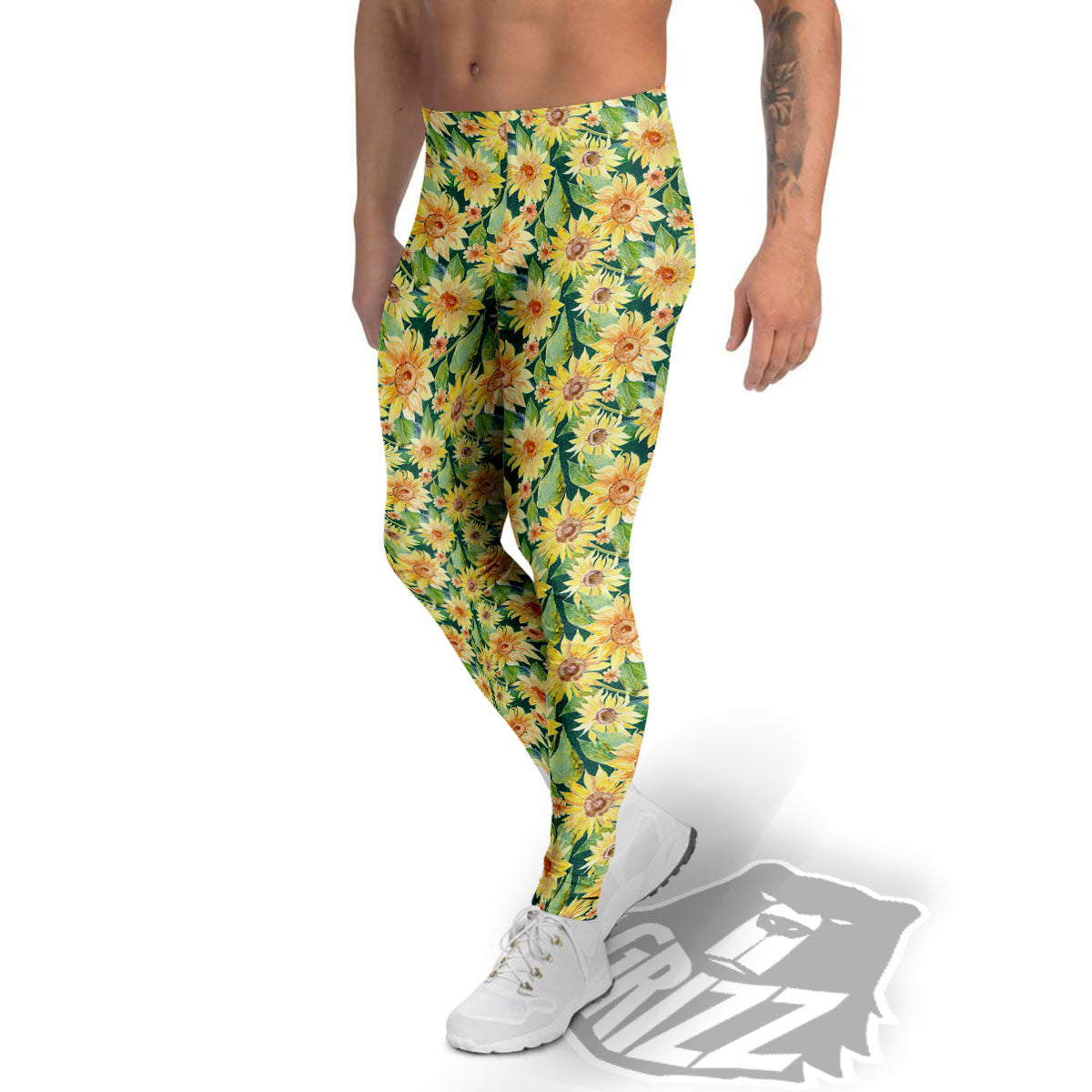 Sunflower Green Watercolor Print Pattern Men's Leggings-grizzshop