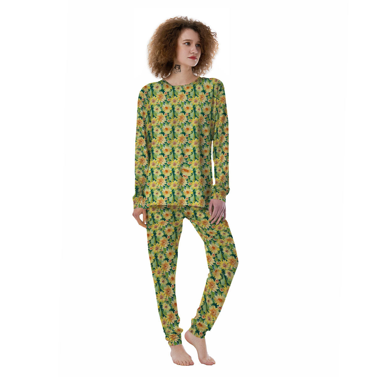Sunflower Green Watercolor Print Pattern Women's Pajamas-grizzshop