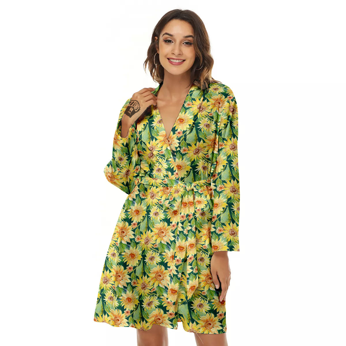 Sunflower Green Watercolor Print Pattern Women's Robe-grizzshop