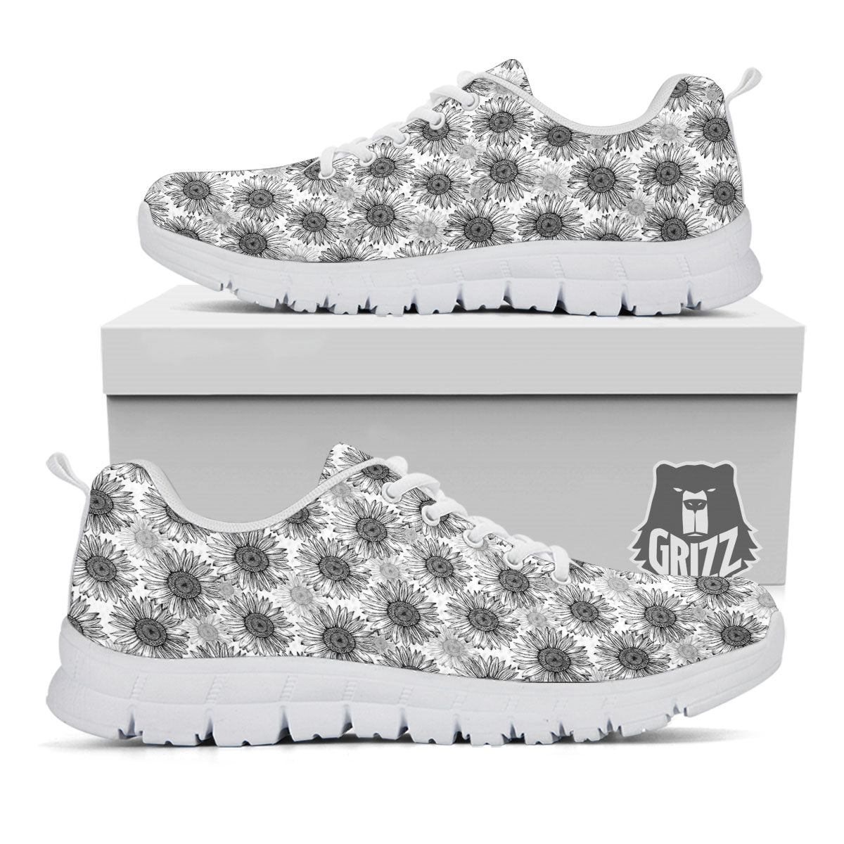 Sunflower Hand Drawn Print Pattern White Sneaker-grizzshop