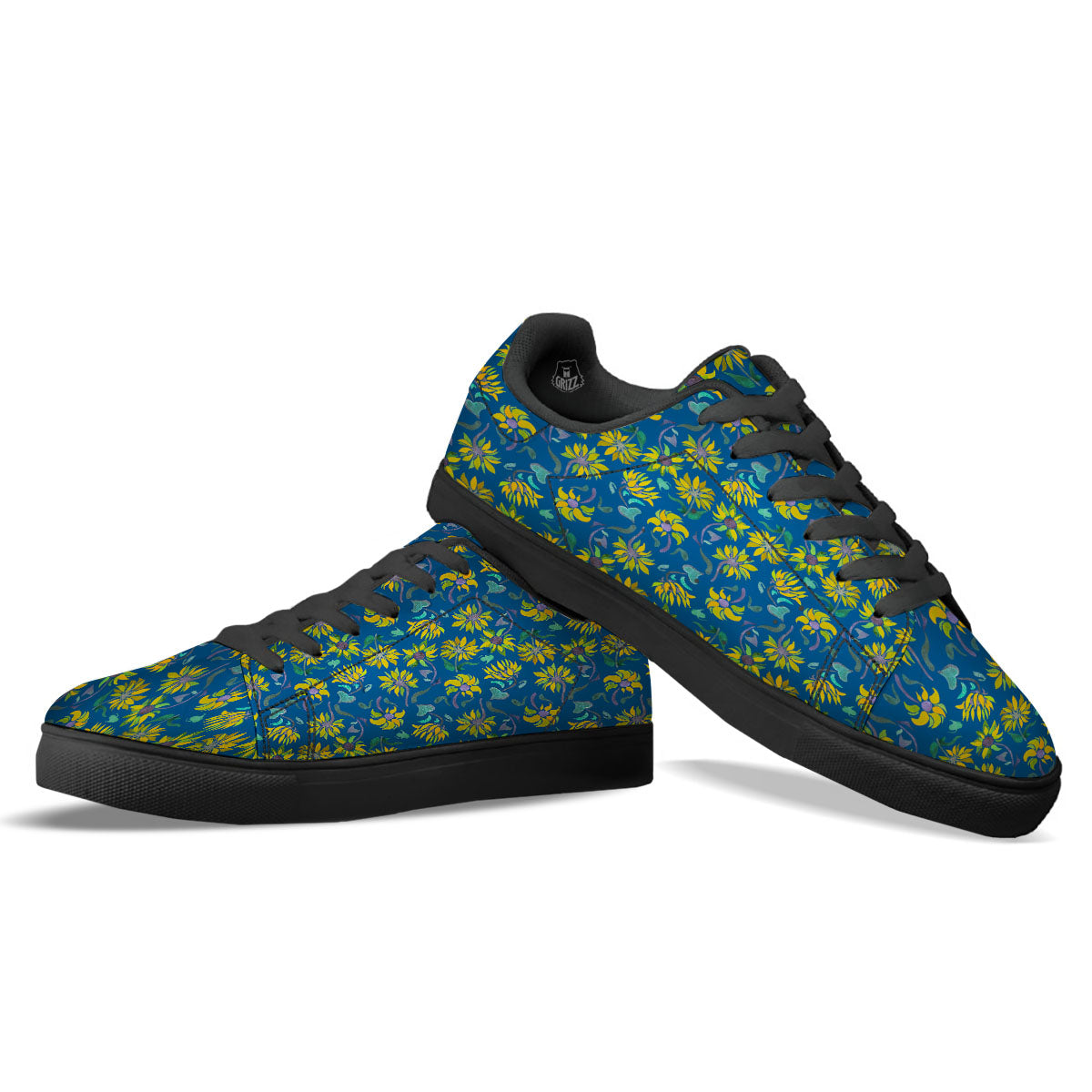 Sunflower Navy Print Pattern Black Low Top Sneakers-grizzshop