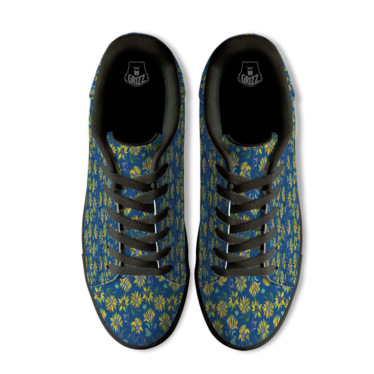 Sunflower Navy Print Pattern Black Low Top Sneakers-grizzshop