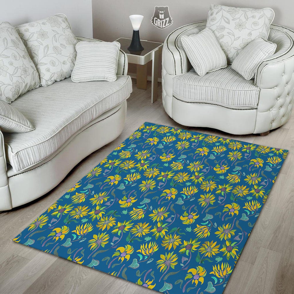 Sunflower Navy Print Pattern Floor Mat-grizzshop