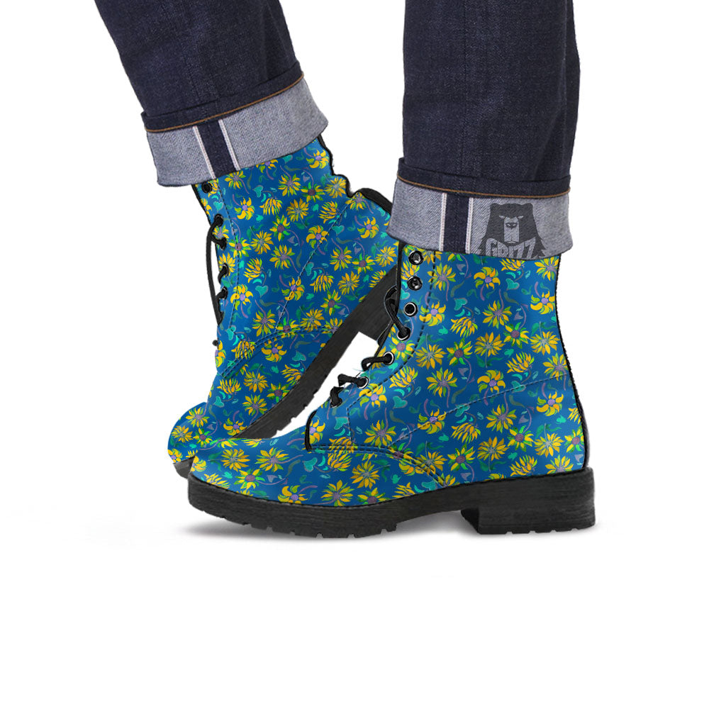 Sunflower Navy Print Pattern Leather Boots-grizzshop