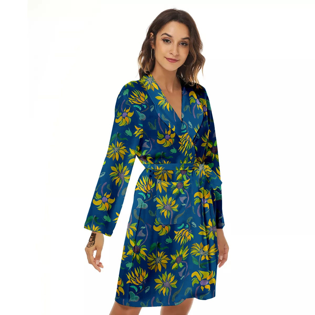 Sunflower Navy Print Pattern Women's Robe-grizzshop