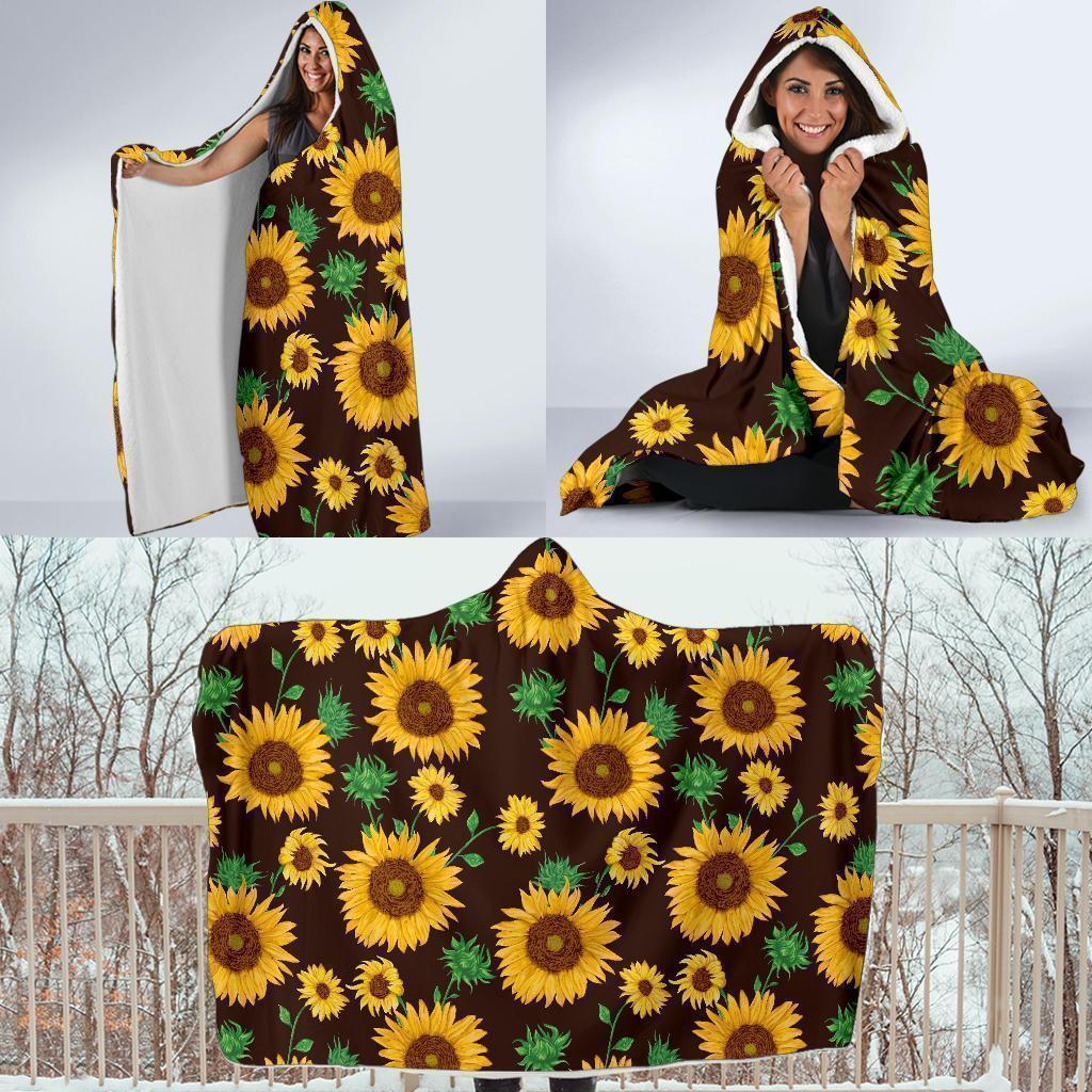 Sunflower Pattern Print Hooded Blanket-grizzshop