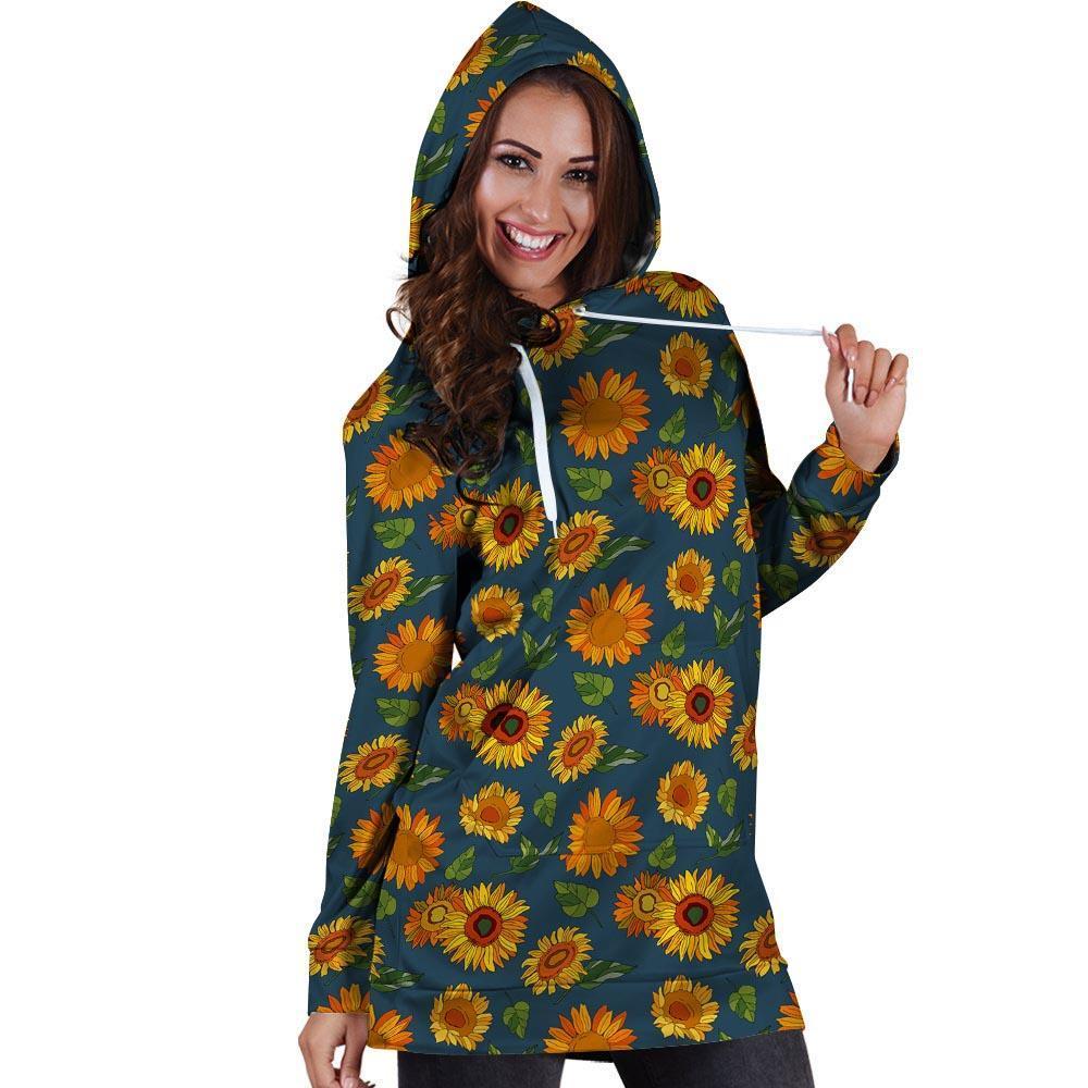 Sunflower Print Hoodie Dress-grizzshop