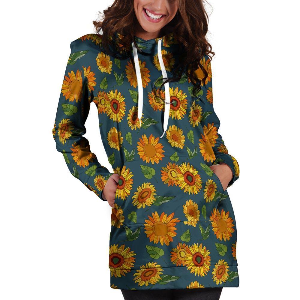 Sunflower Print Hoodie Dress-grizzshop