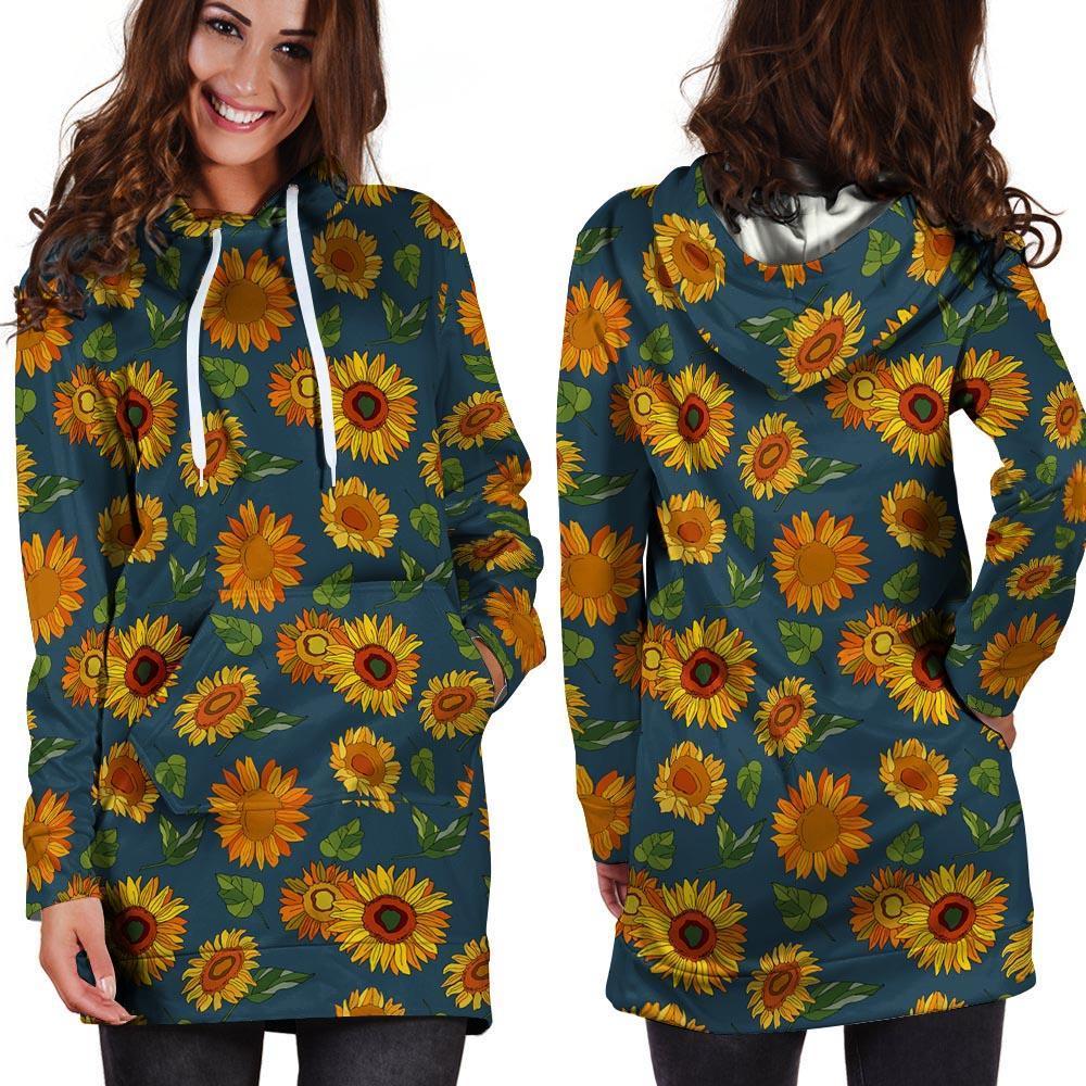 Sunflower Print Hoodie Dress-grizzshop