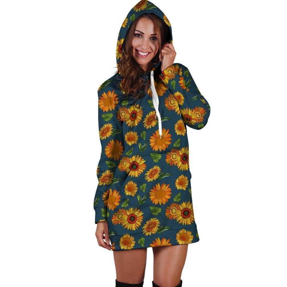 Sunflower Print Hoodie Dress-grizzshop