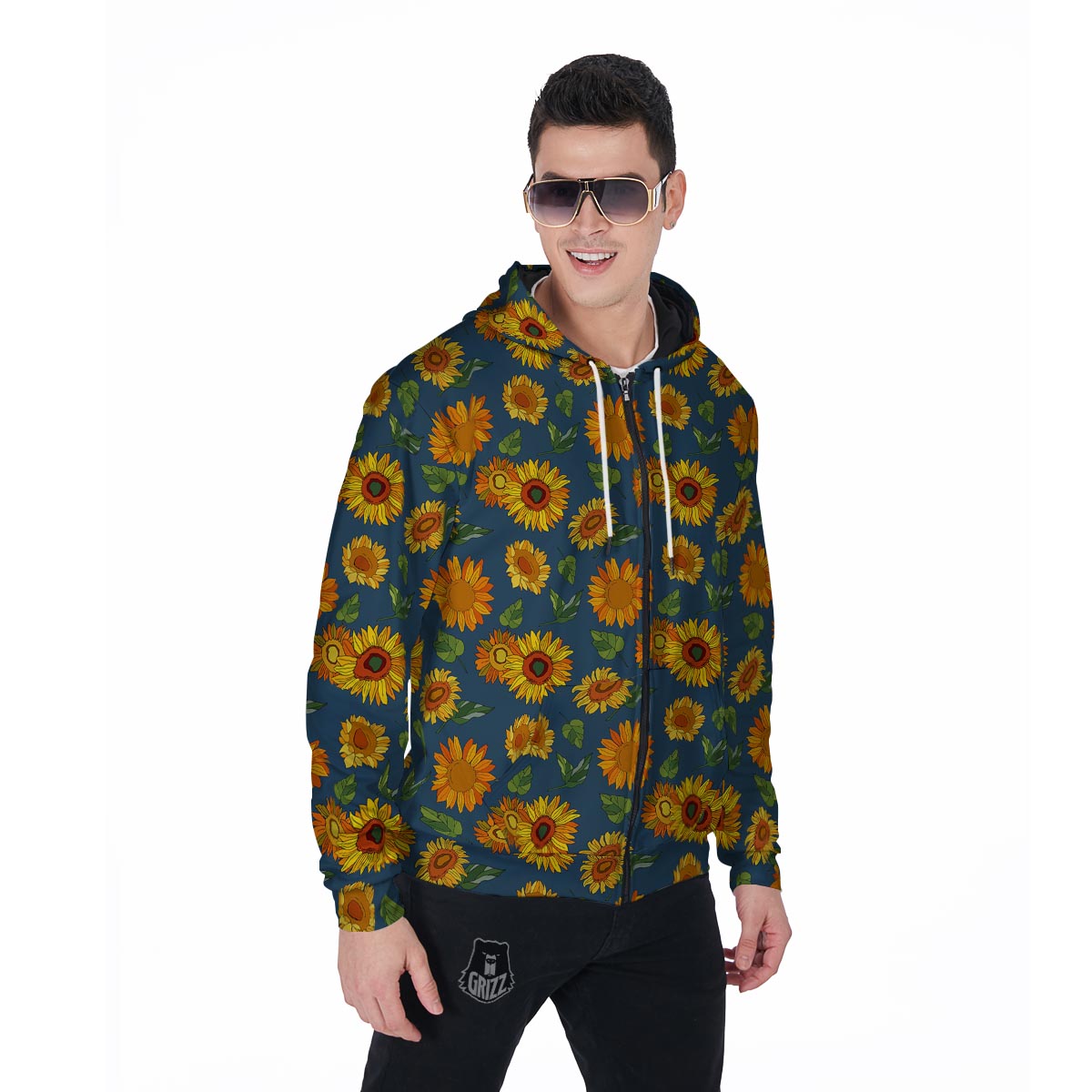 Sunflower Print Men's Zip Up Hoodie-grizzshop