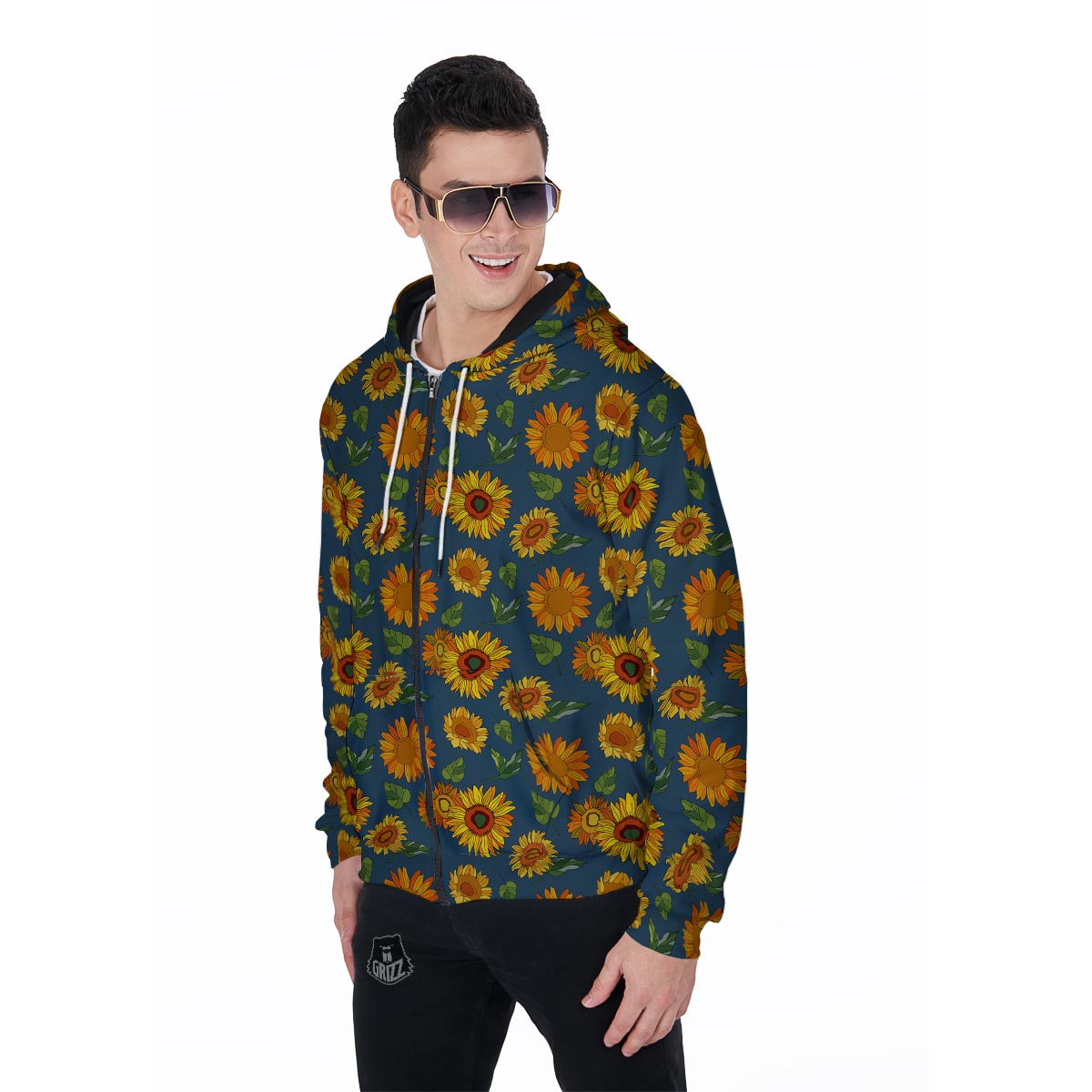 Sunflower Print Men's Zip Up Hoodie-grizzshop