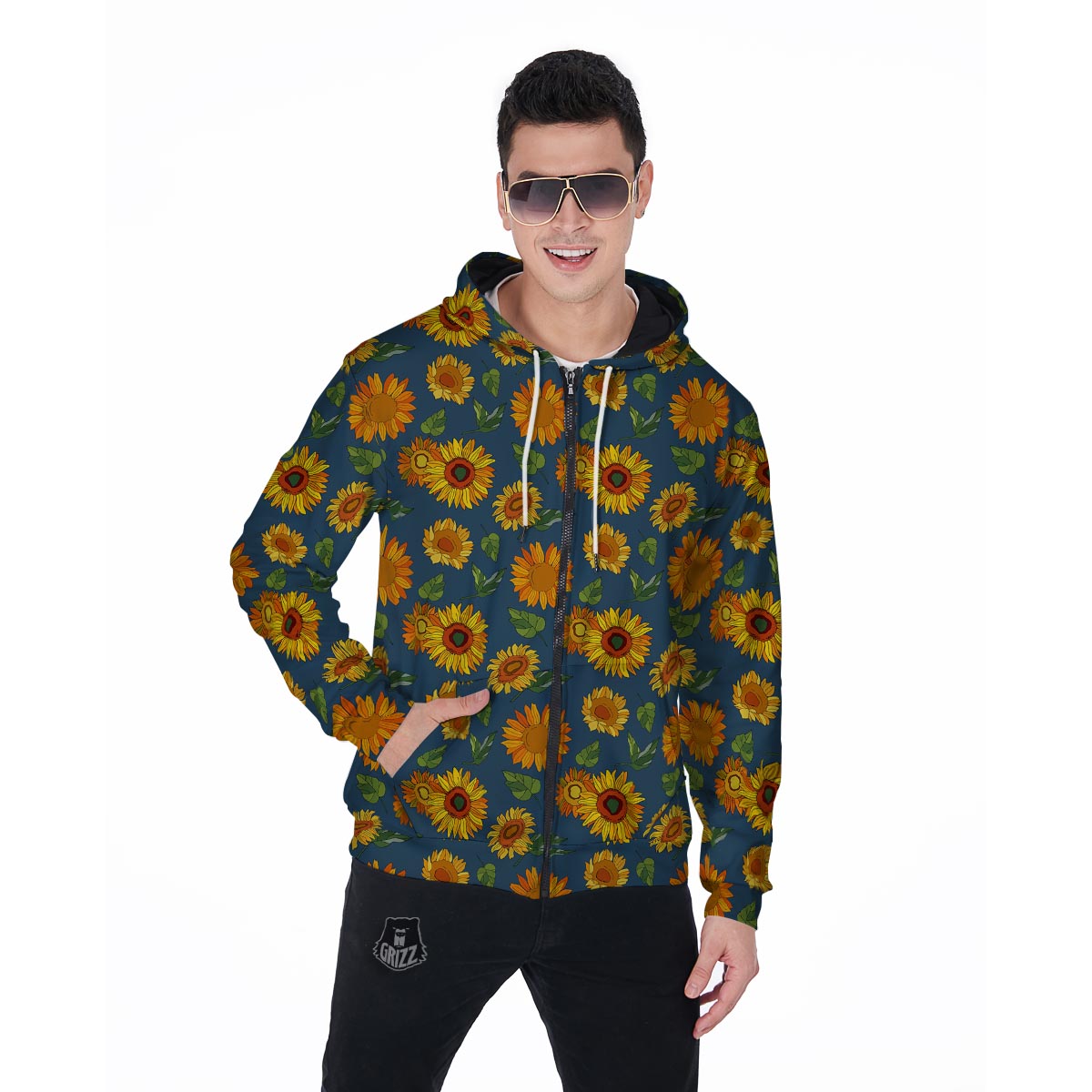 Sunflower Print Men's Zip Up Hoodie-grizzshop