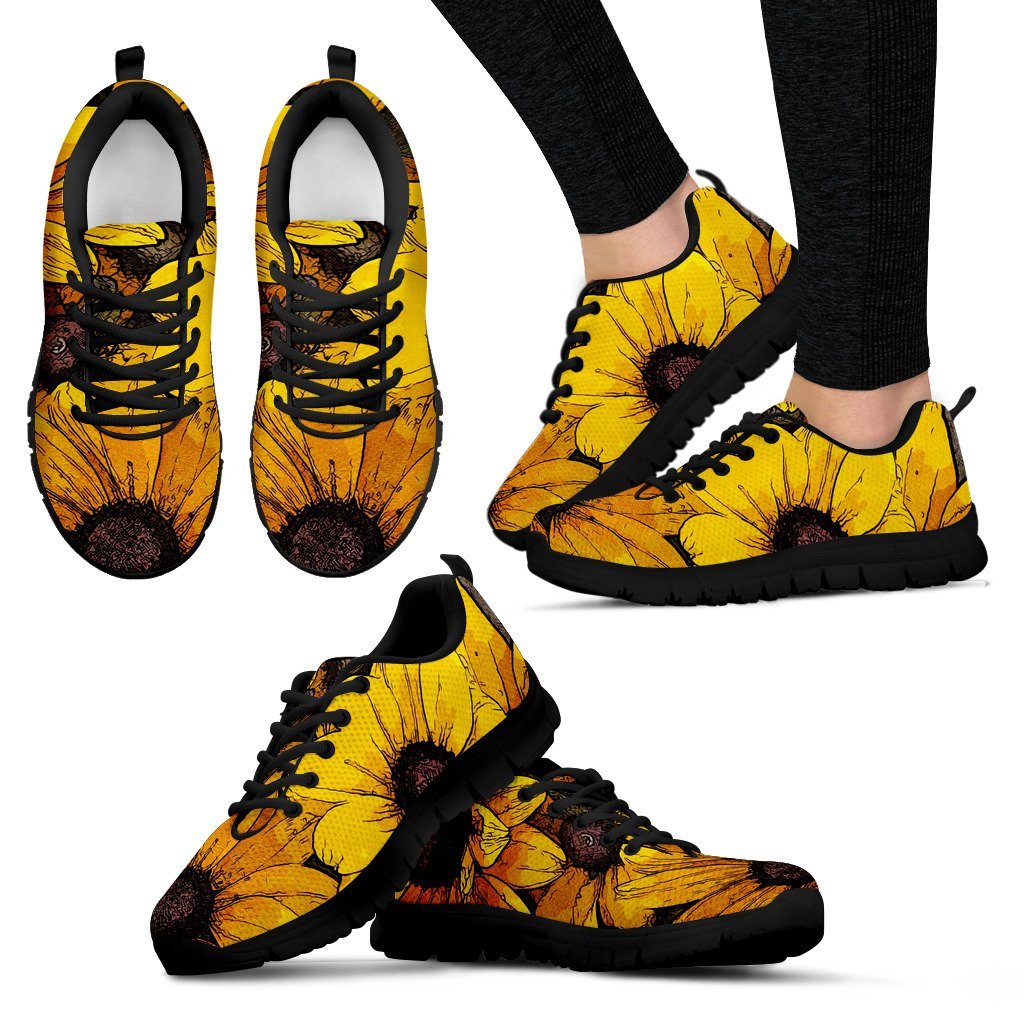 Sunflower Print Pattern Black Sneaker Shoes For Men Women-grizzshop
