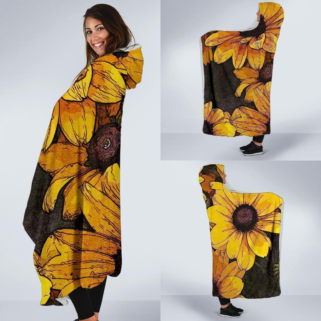 Sunflower Print Pattern Hooded Blanket-grizzshop