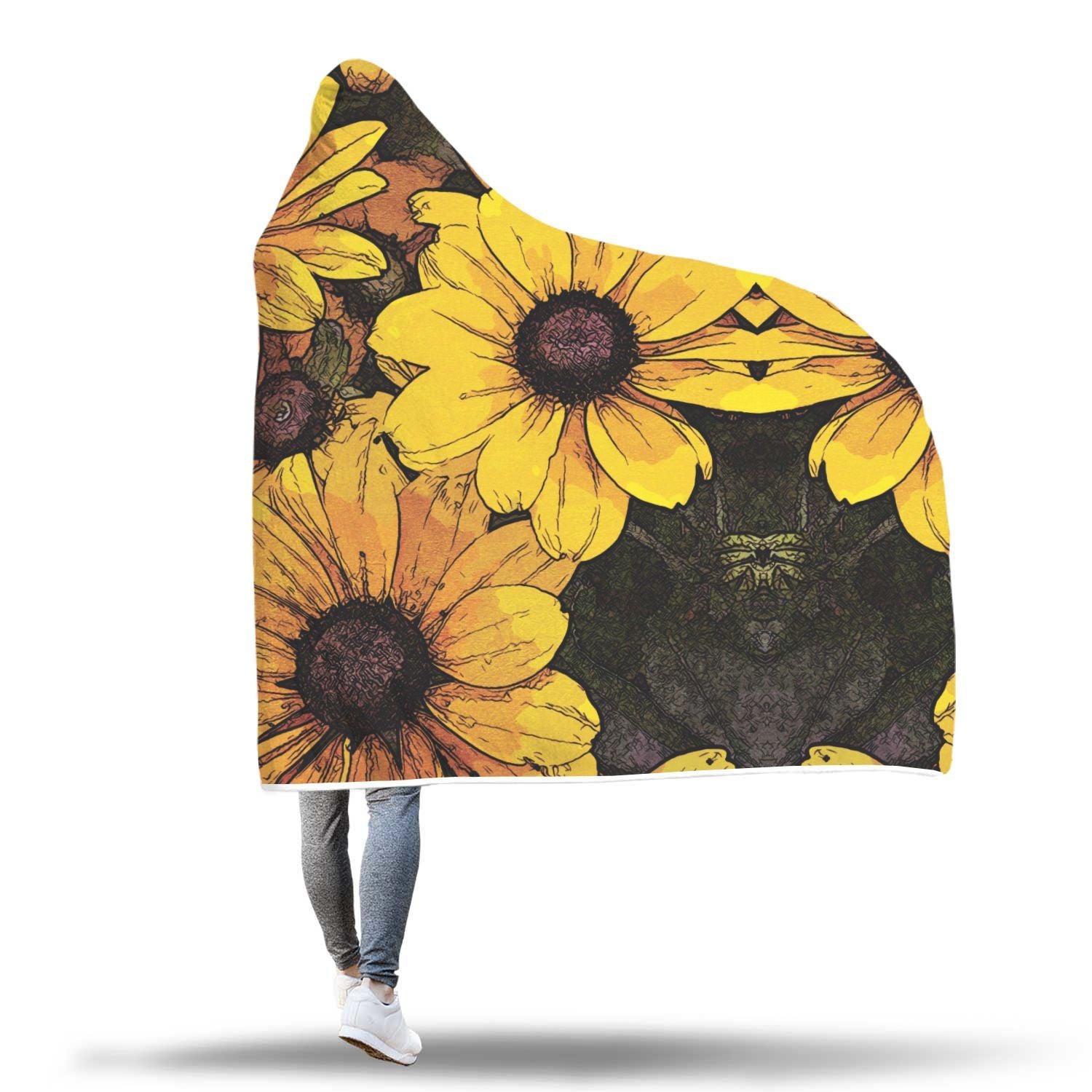Sunflower Print Pattern Hooded Blanket-grizzshop