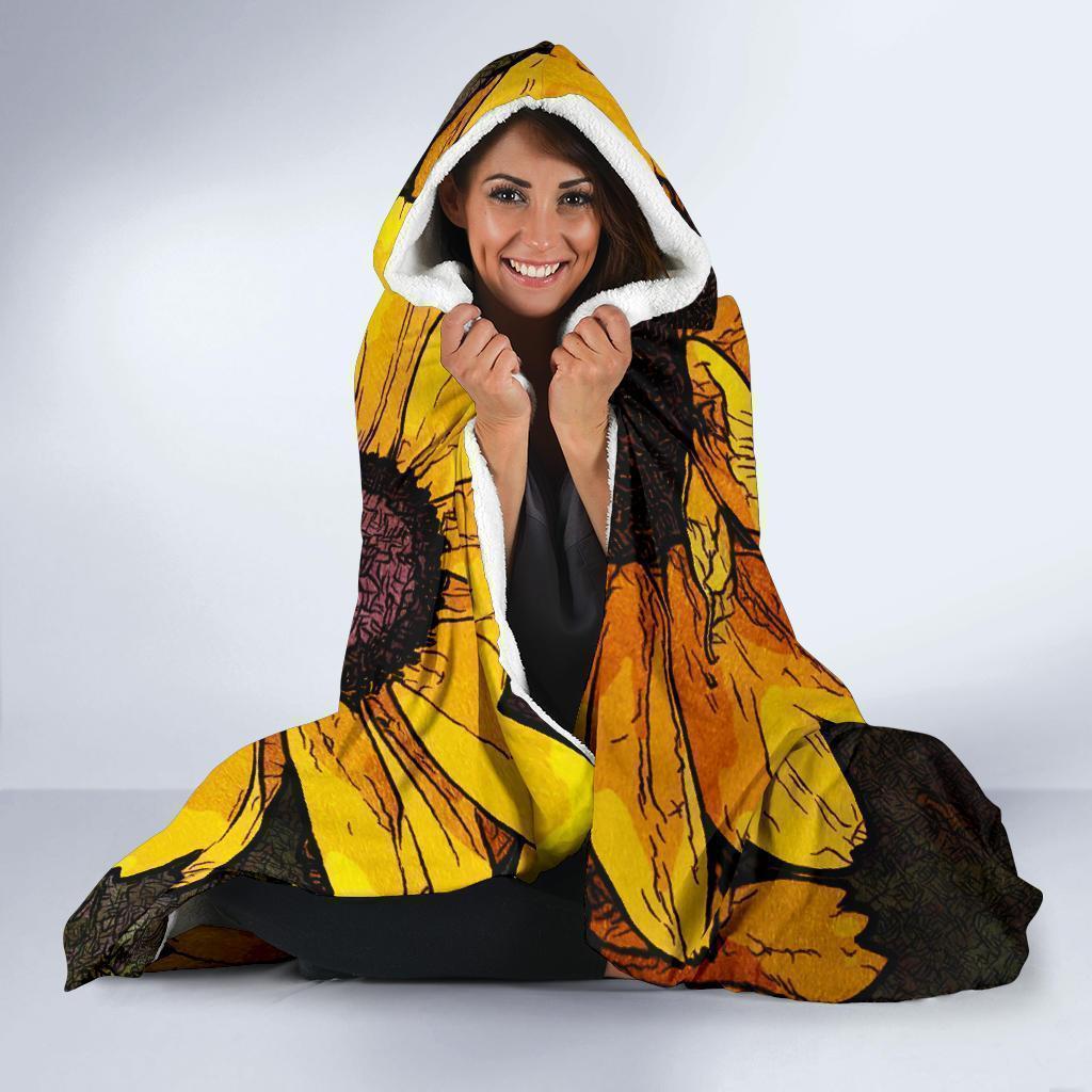 Sunflower Print Pattern Hooded Blanket-grizzshop