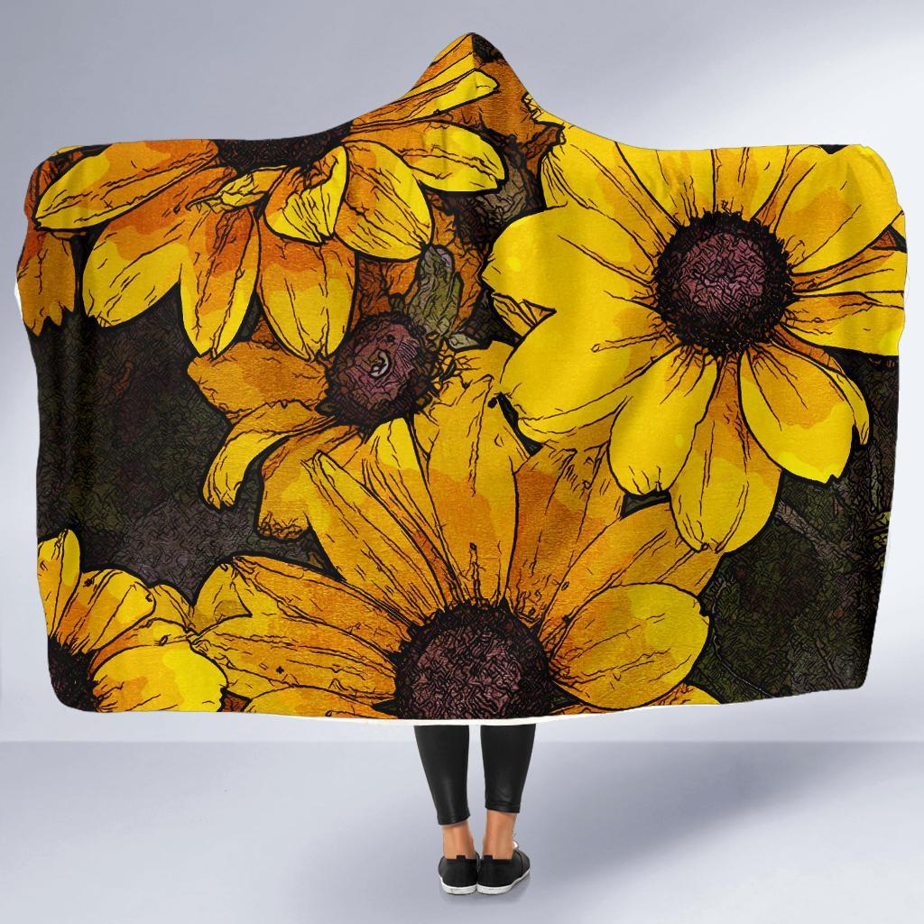 Sunflower Print Pattern Hooded Blanket-grizzshop