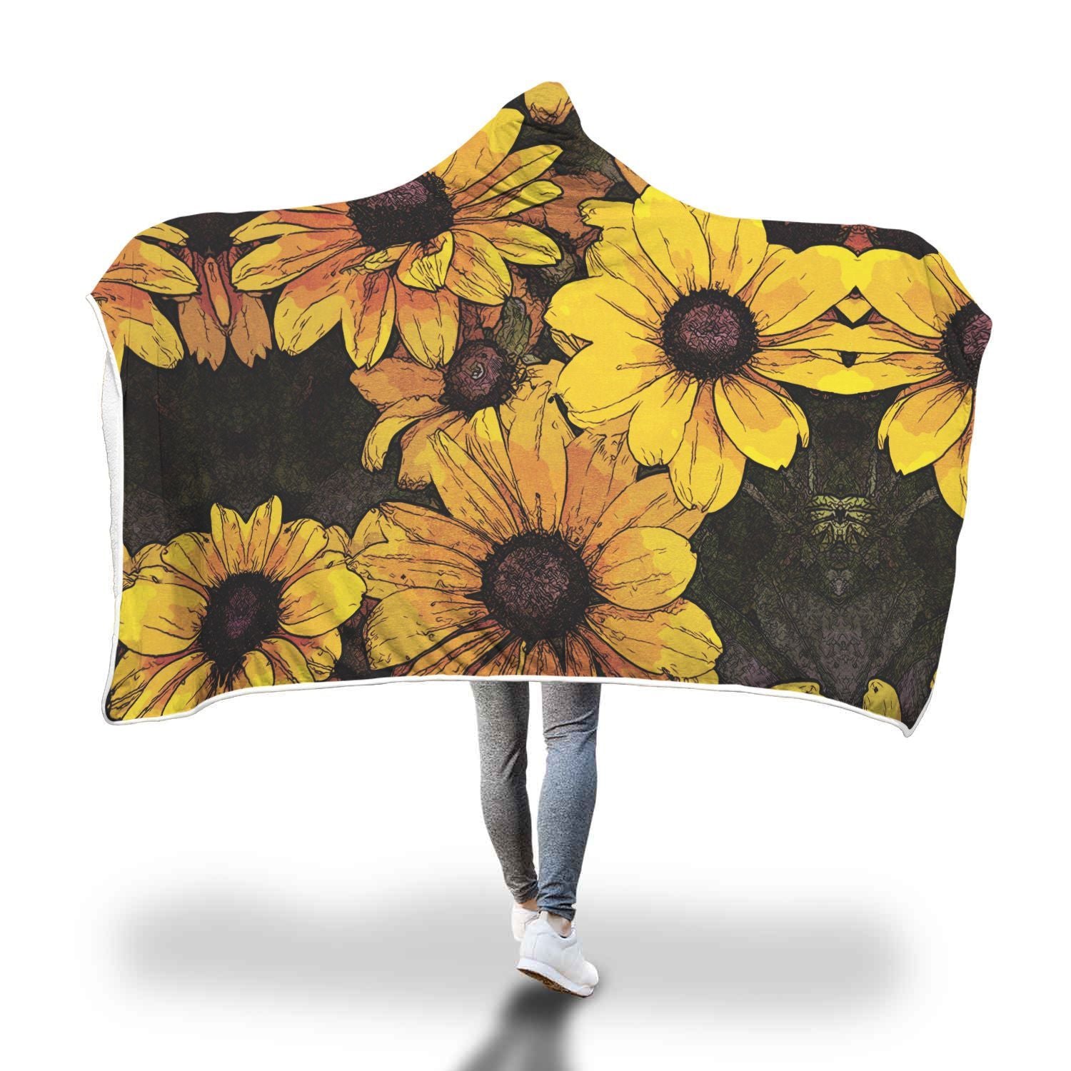 Sunflower Print Pattern Hooded Blanket-grizzshop