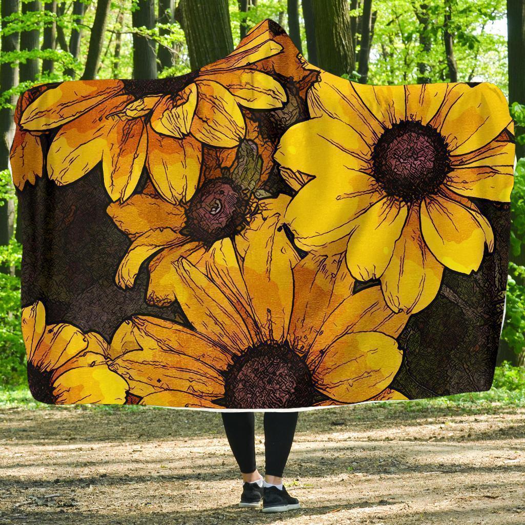 Sunflower Print Pattern Hooded Blanket-grizzshop