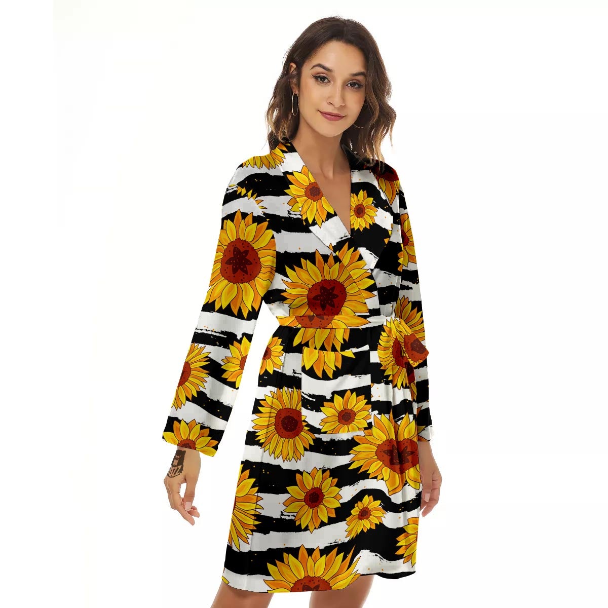 Sunflower Stripe Print Pattern Women's Robe-grizzshop