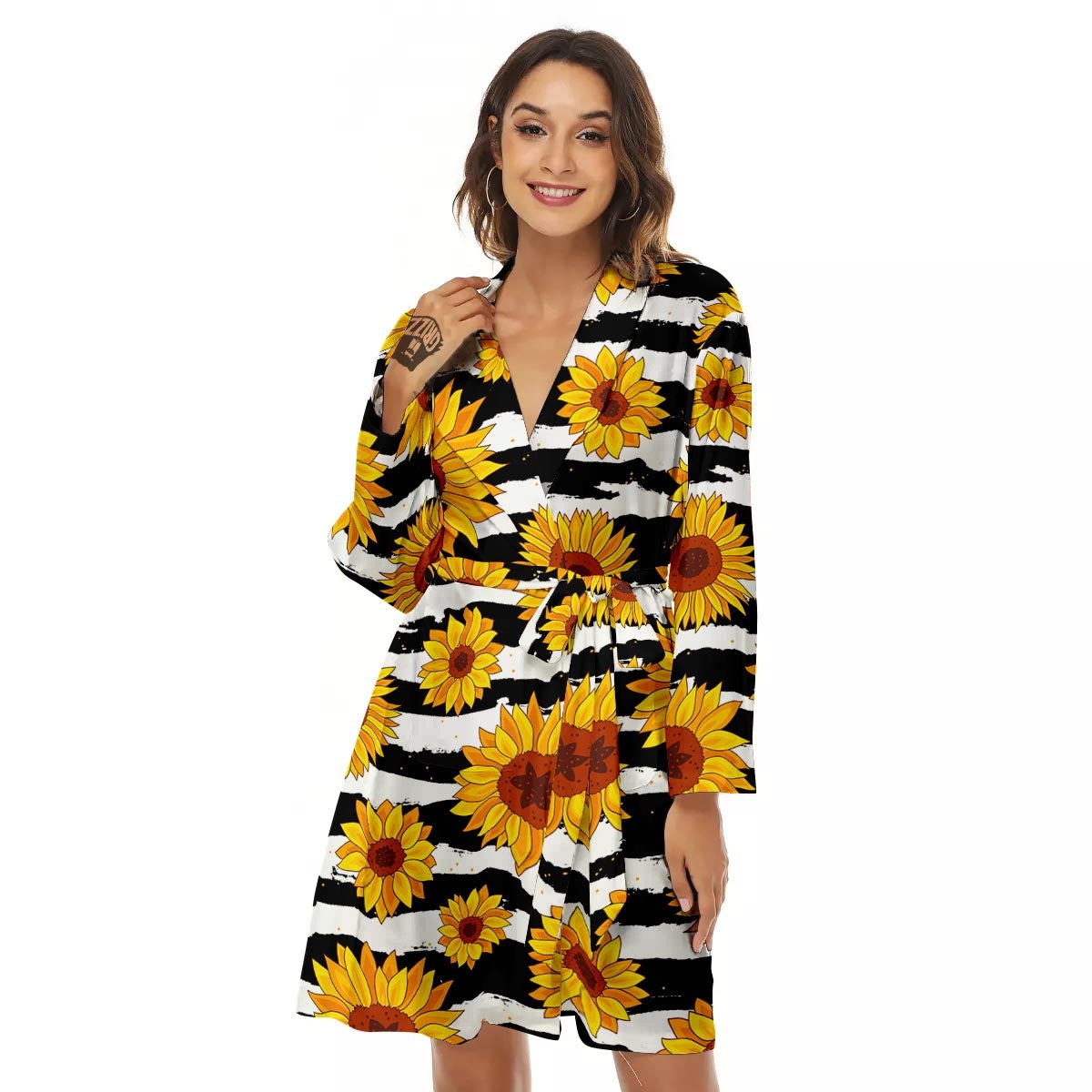 Sunflower Stripe Print Pattern Women's Robe-grizzshop