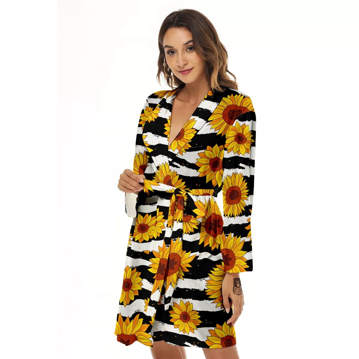 Sunflower Stripe Print Pattern Women's Robe-grizzshop