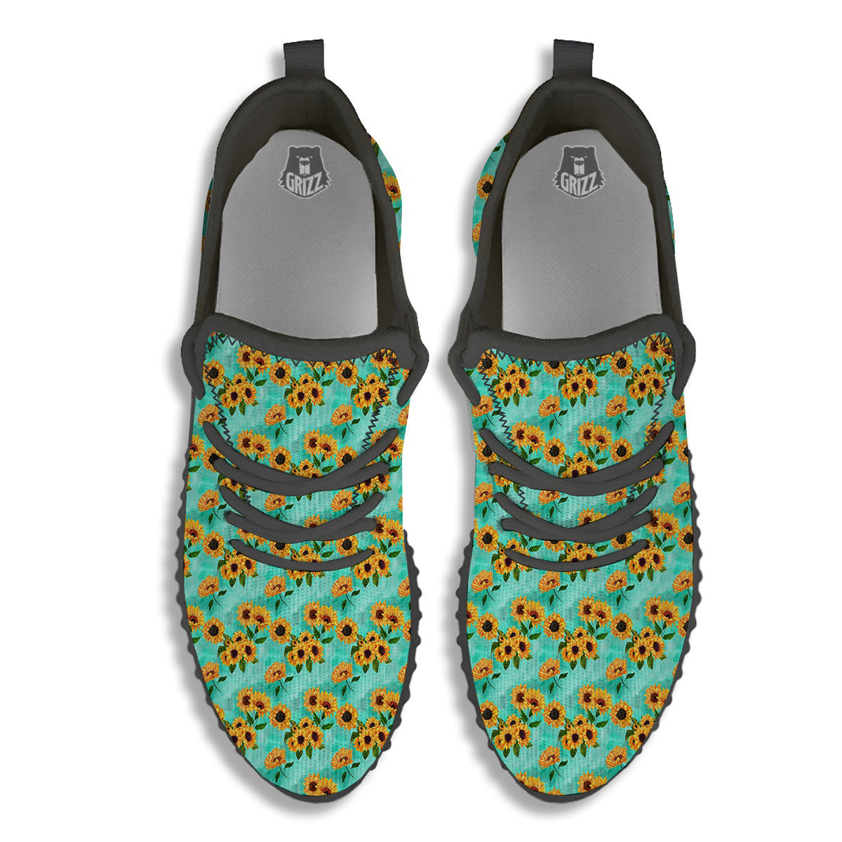Sunflower Watercolor Blue Print Pattern Black Walking Shoes-grizzshop