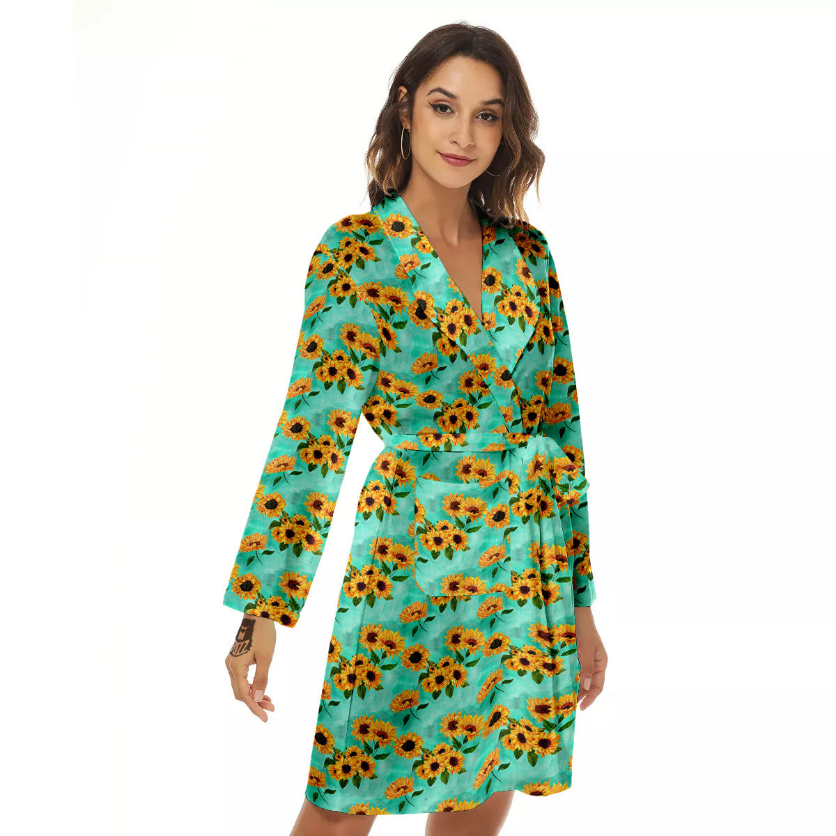 Sunflower Watercolor Blue Print Pattern Women's Robe-grizzshop