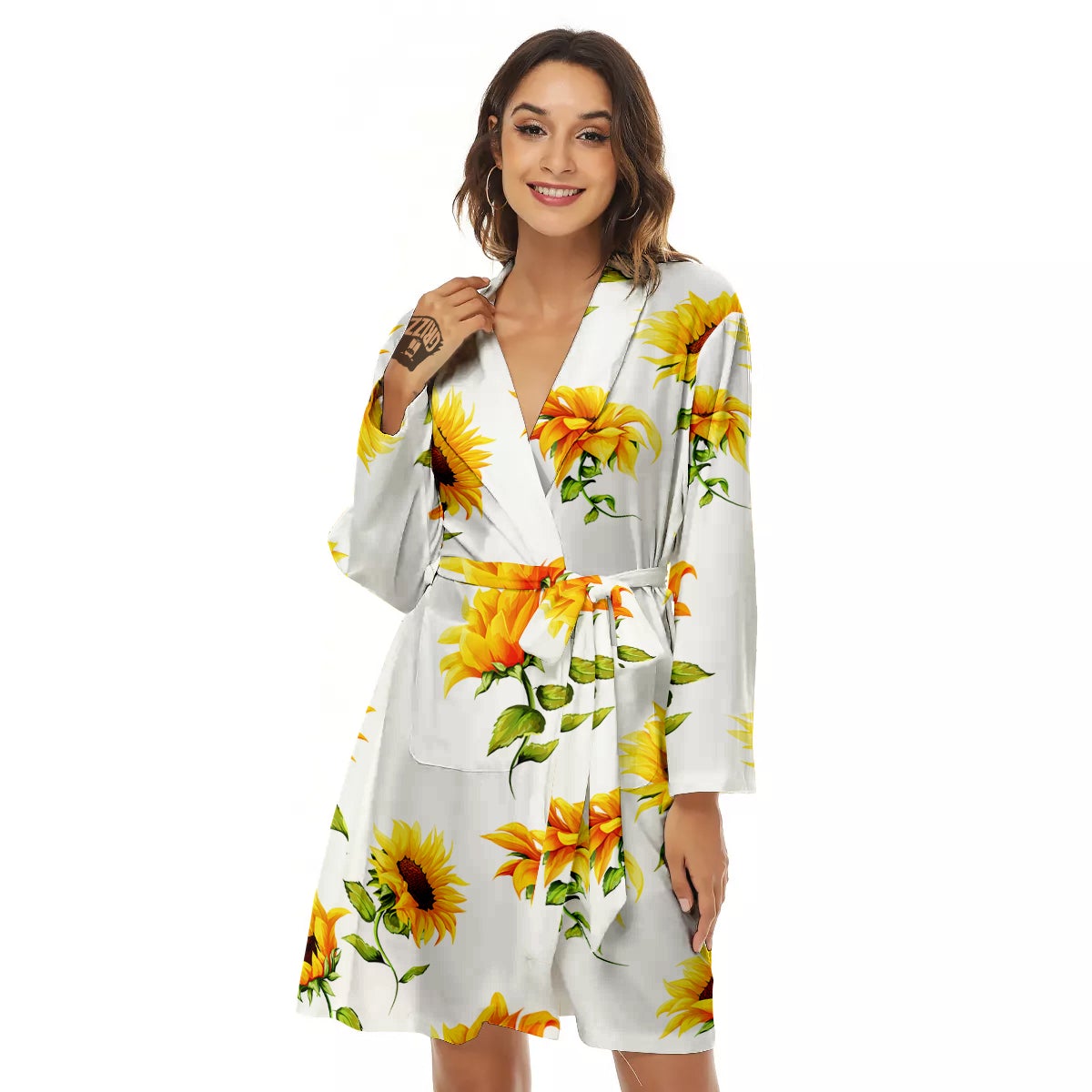 Sunflower White Watercolor Print Pattern Women's Robe-grizzshop