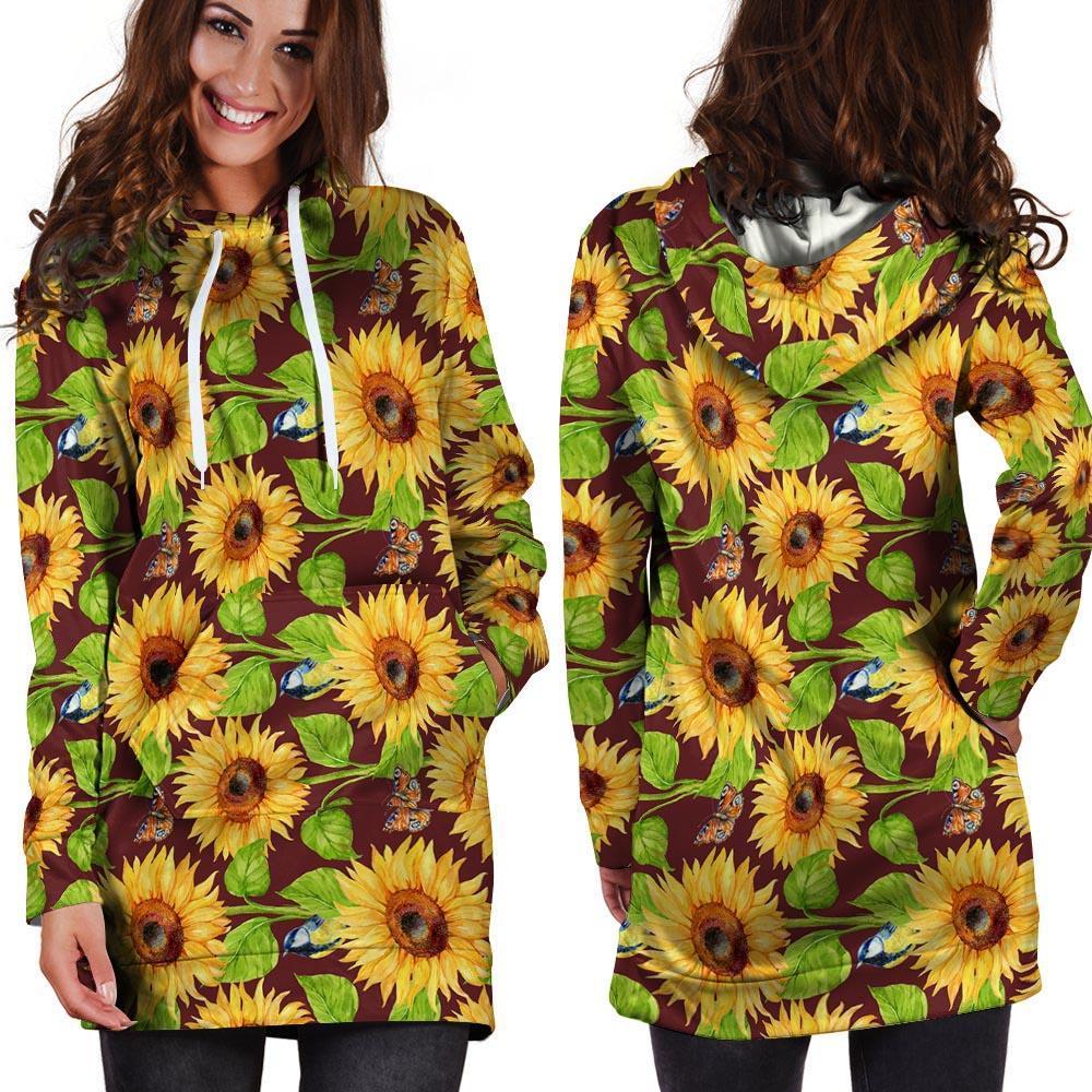 Sunflower With Bird And Butterfly Hoodie Dress-grizzshop