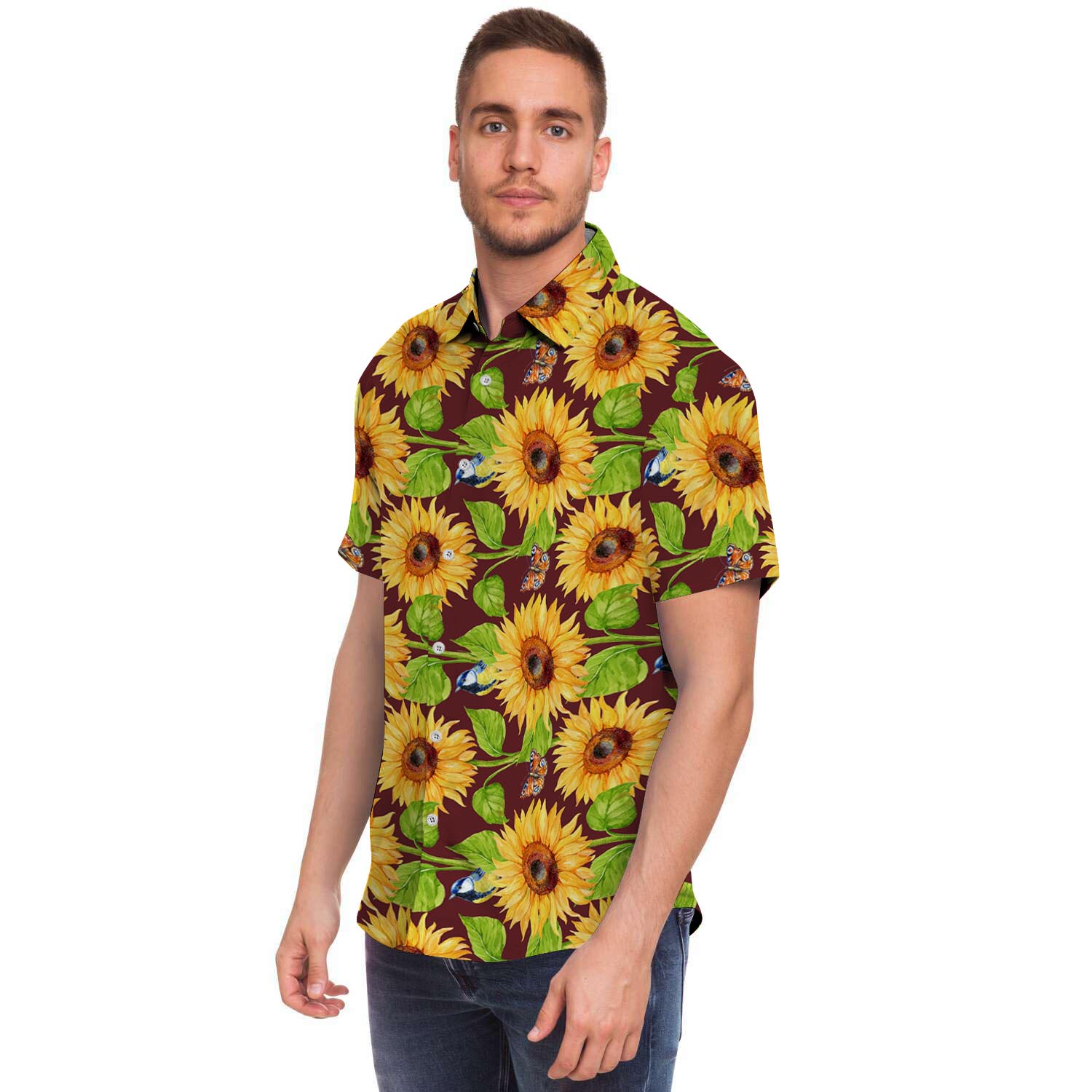 Sunflower With Bird And Butterfly Men's Short Sleeve Shirt-grizzshop
