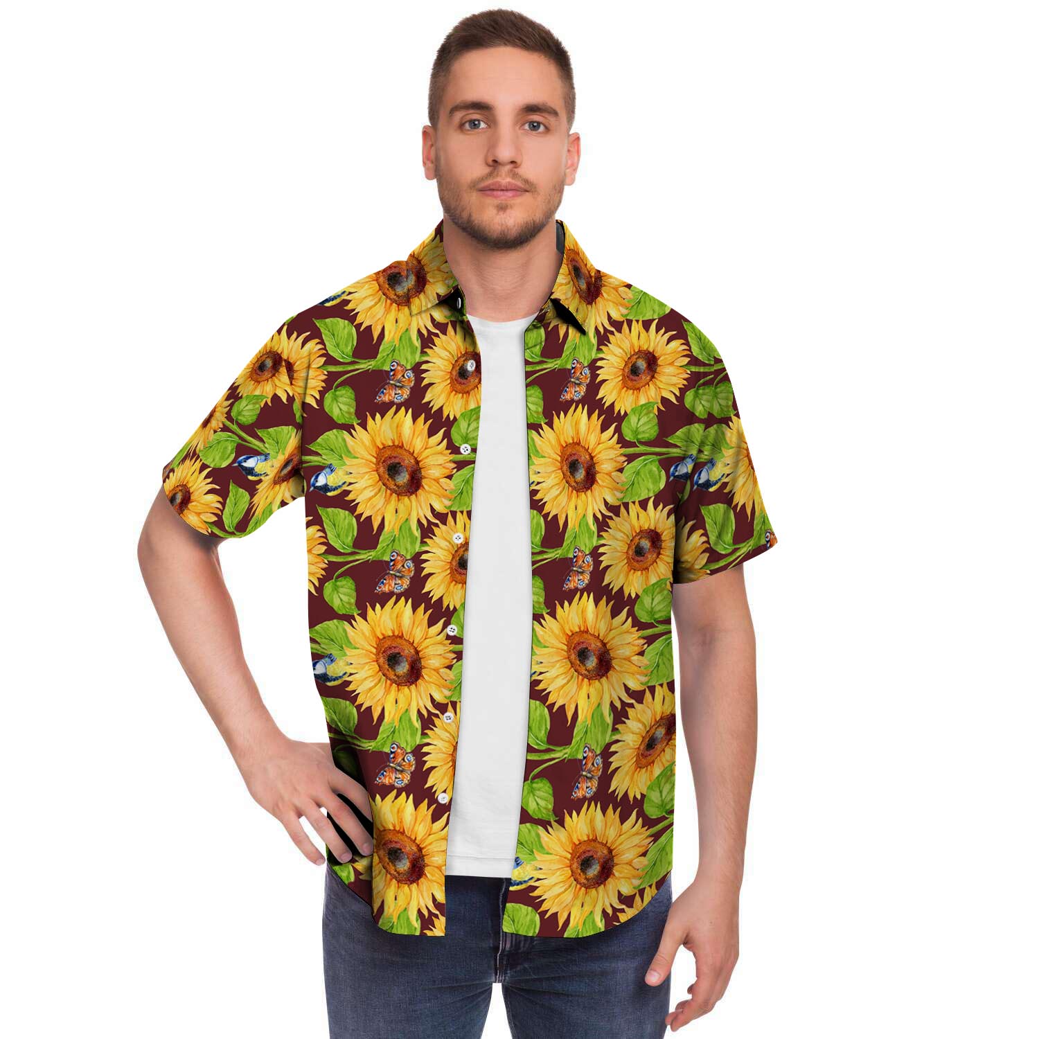 Sunflower With Bird And Butterfly Men's Short Sleeve Shirt-grizzshop
