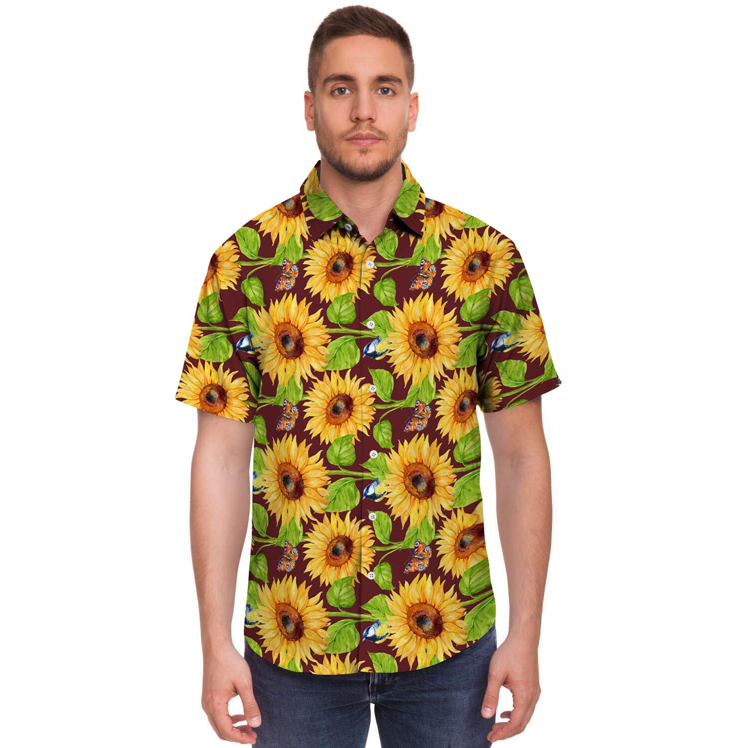 Sunflower With Bird And Butterfly Men's Short Sleeve Shirt-grizzshop