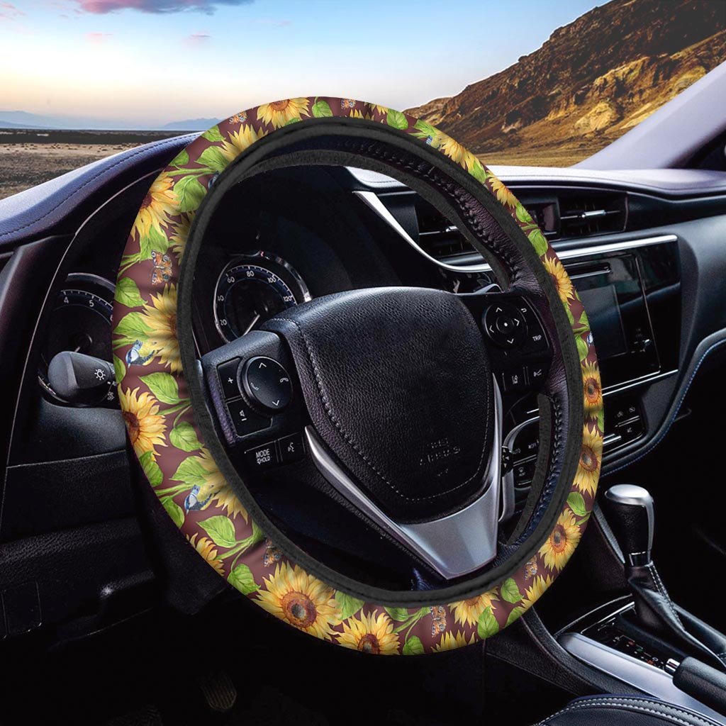 Sunflower With Bird And Butterfly Steering Wheel Cover-grizzshop