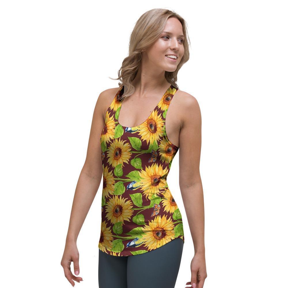 Sunflower With Bird And Butterfly Women's Racerback Tank Top-grizzshop