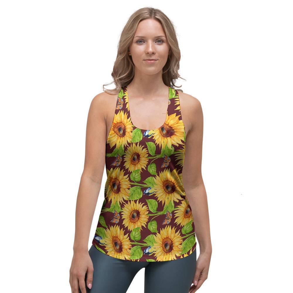 Sunflower With Bird And Butterfly Women's Racerback Tank Top-grizzshop
