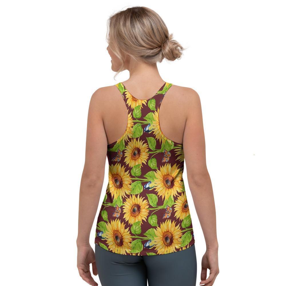 Sunflower With Bird And Butterfly Women's Racerback Tank Top-grizzshop