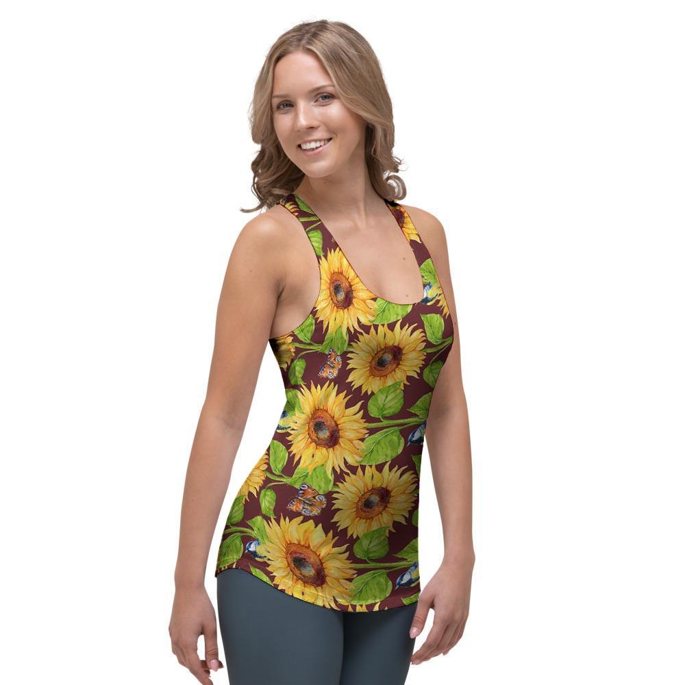 Sunflower With Bird And Butterfly Women's Racerback Tank Top-grizzshop