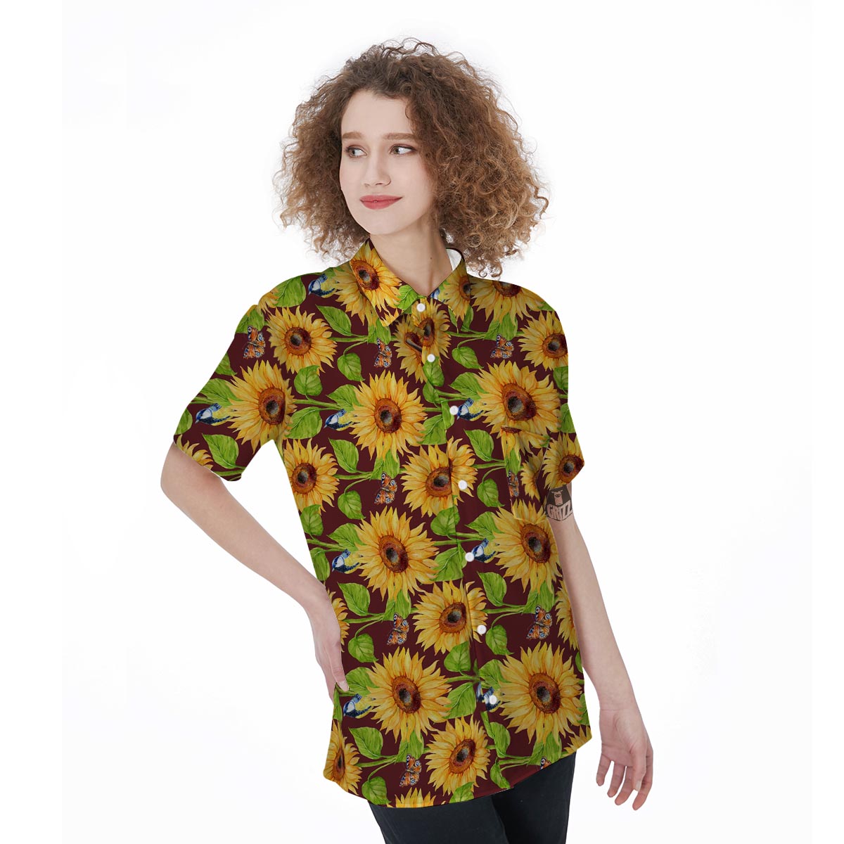 Sunflower With Bird And Butterfly Women's Short Sleeve Shirts-grizzshop