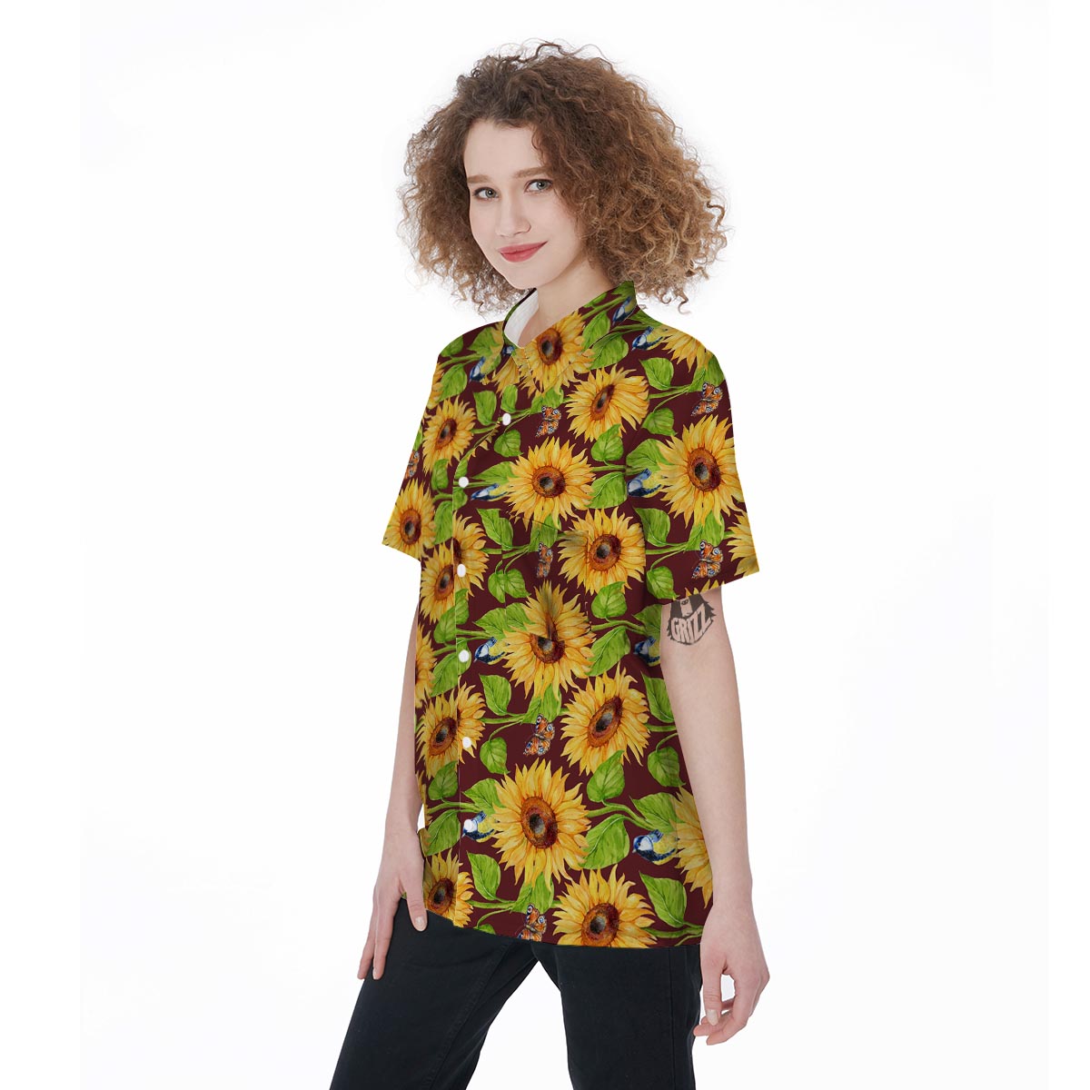 Sunflower With Bird And Butterfly Women's Short Sleeve Shirts-grizzshop