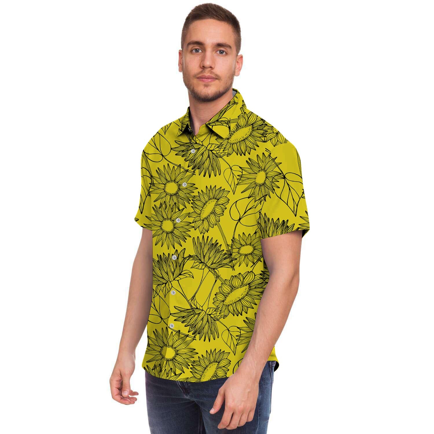 Sunflower Yellow Print Men's Short Sleeve Shirt-grizzshop