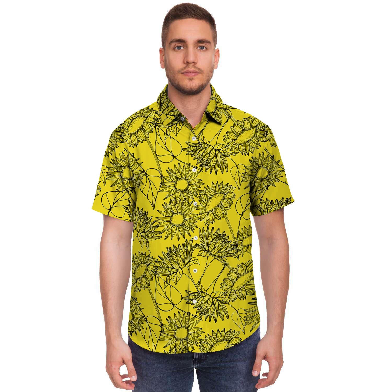 Sunflower Yellow Print Men's Short Sleeve Shirt-grizzshop