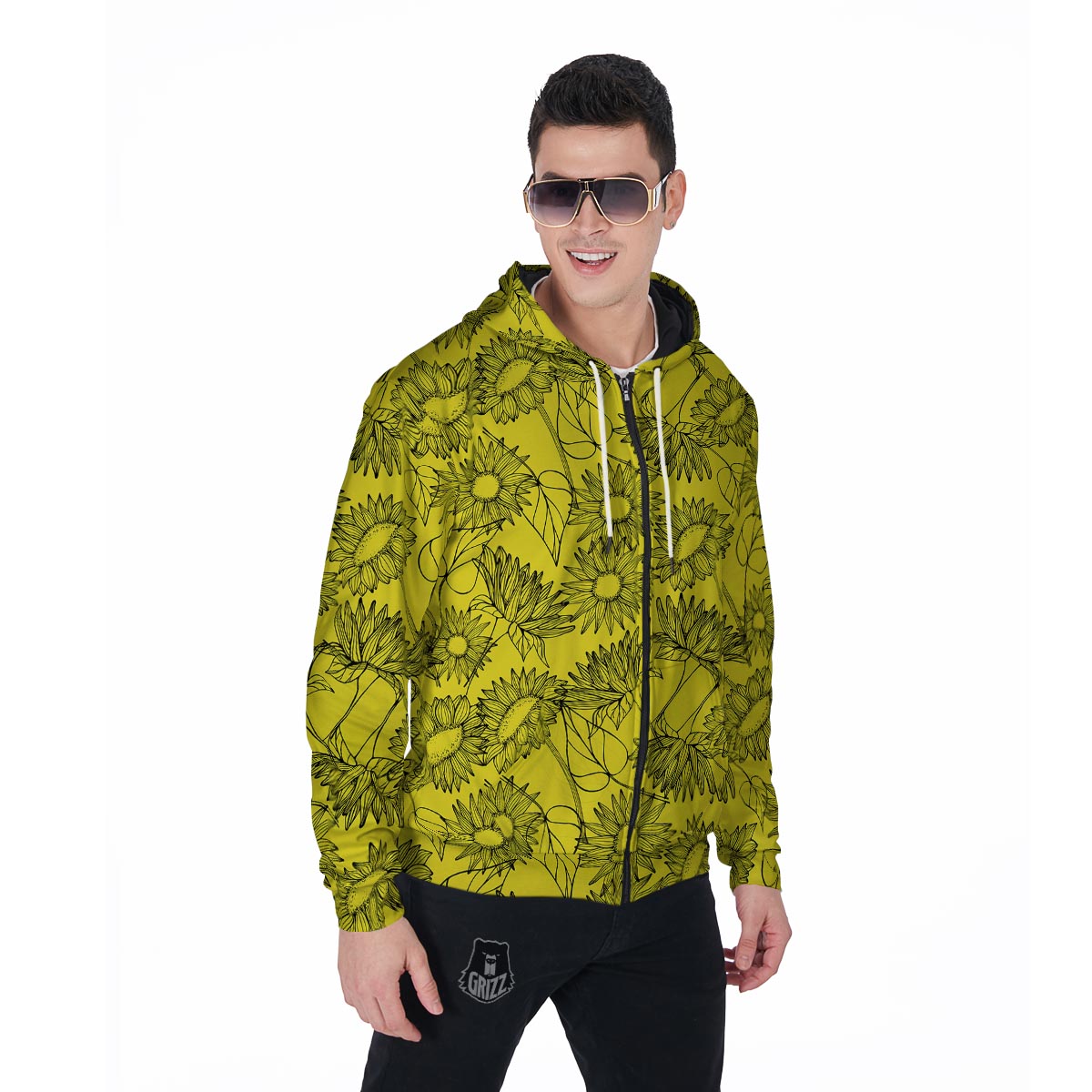 Sunflower Yellow Print Men's Zip Up Hoodie-grizzshop