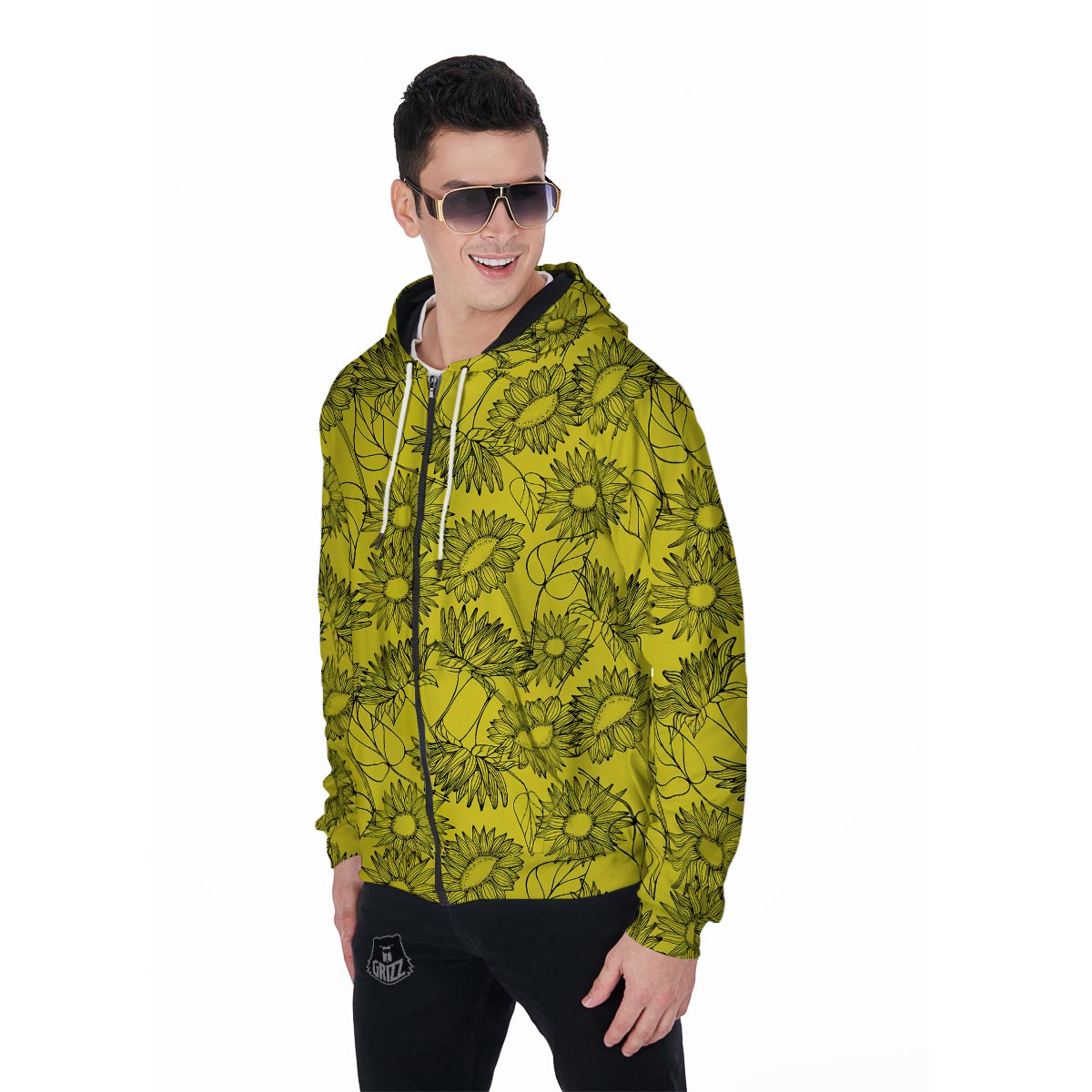 Sunflower Yellow Print Men's Zip Up Hoodie-grizzshop